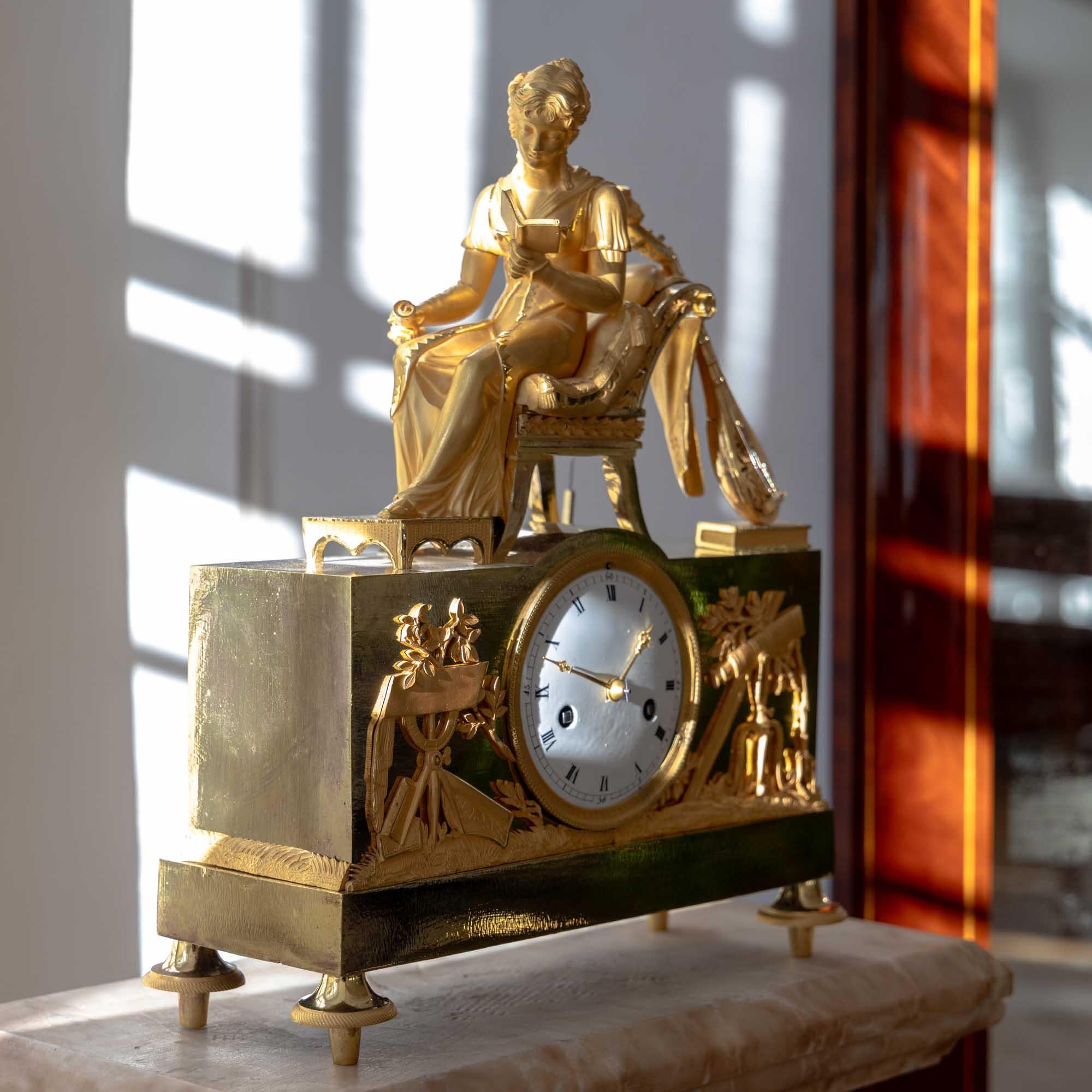 Empire Mantel Clock with reading young lady, early 19th century For Sale 5