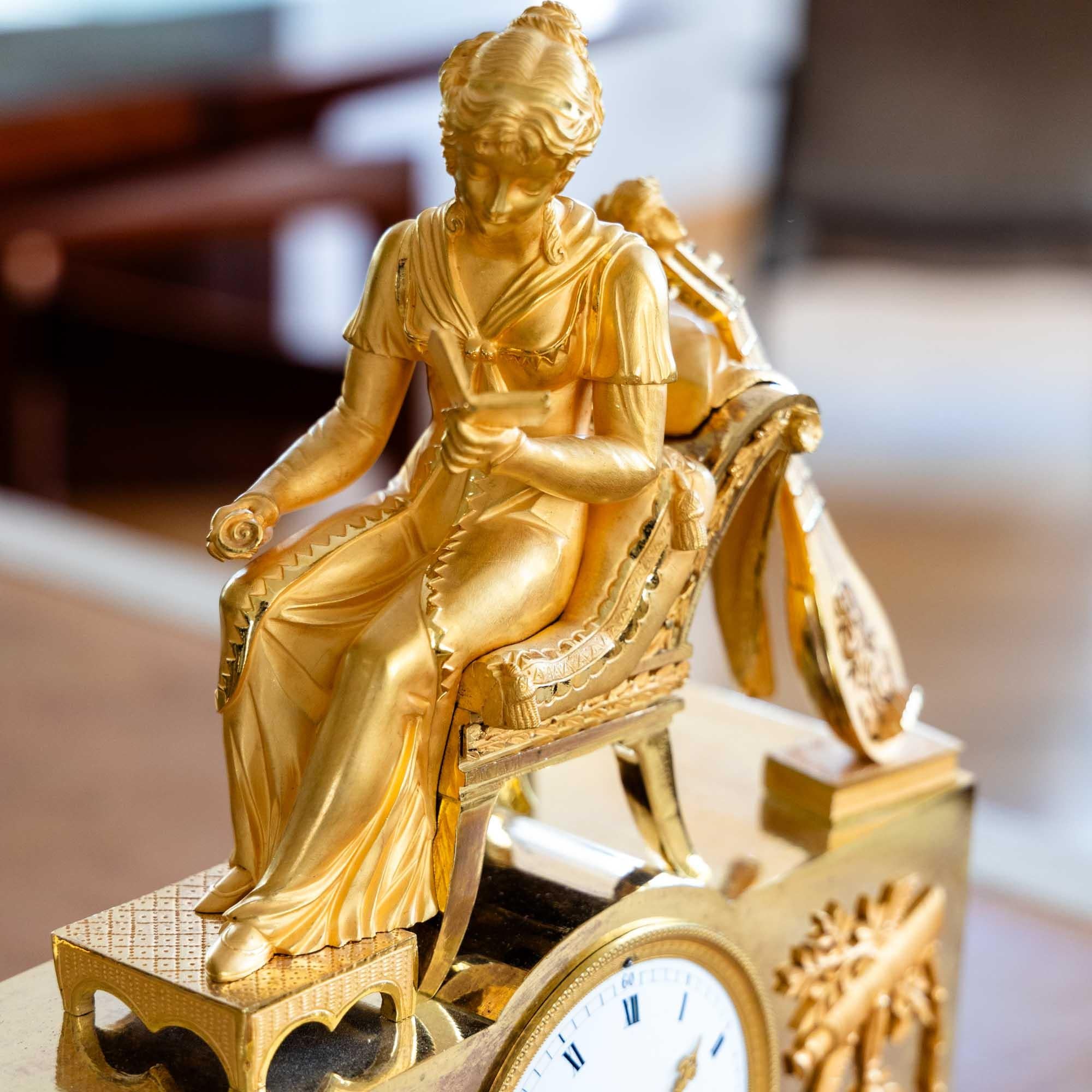 Empire Mantel Clock with reading young lady, early 19th century For Sale 2