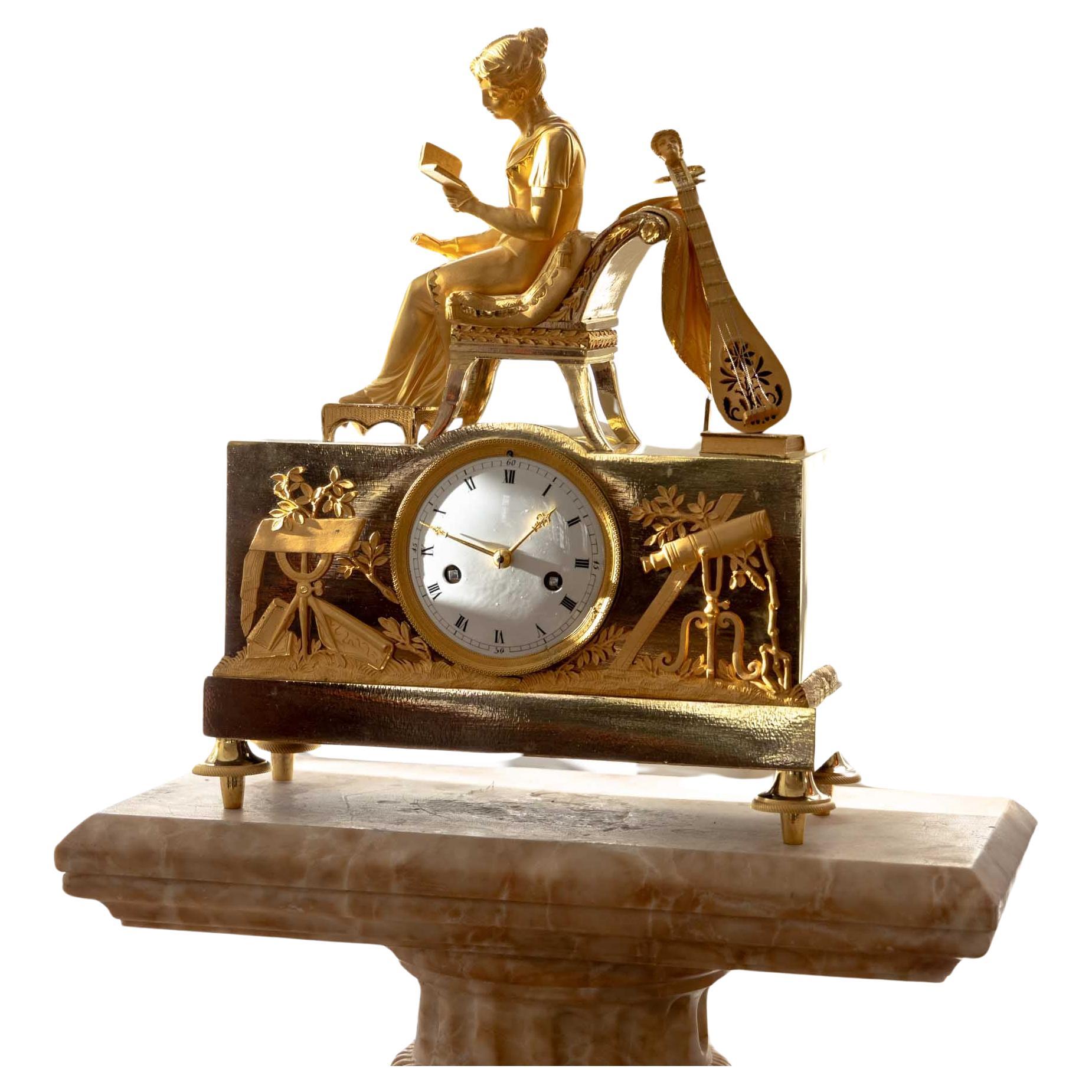 Empire Mantel Clock with reading young lady, early 19th century For Sale