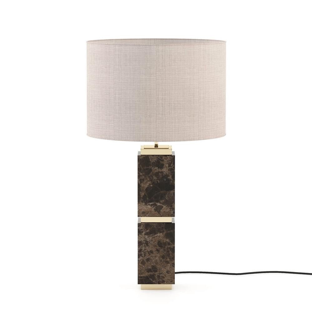 Table lamp Empire marble with solid
dark emperador marble base and with
polished stainless steel in gold finish.
Including a white coton shade. 1 bulb,
lamp holder type E27, max 40 Watt.
Bulb not included. Base: 15cm x 15cm.