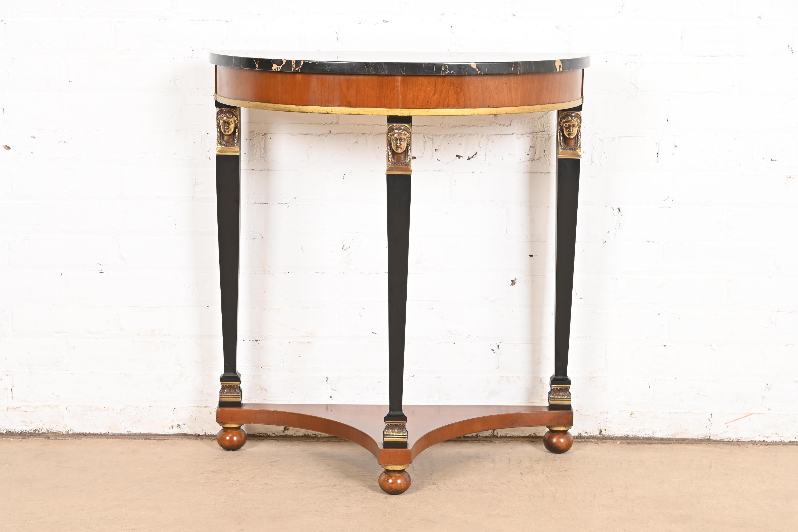 American Empire Marble Top Demilune Console Table With Mounted Ormolu For Sale