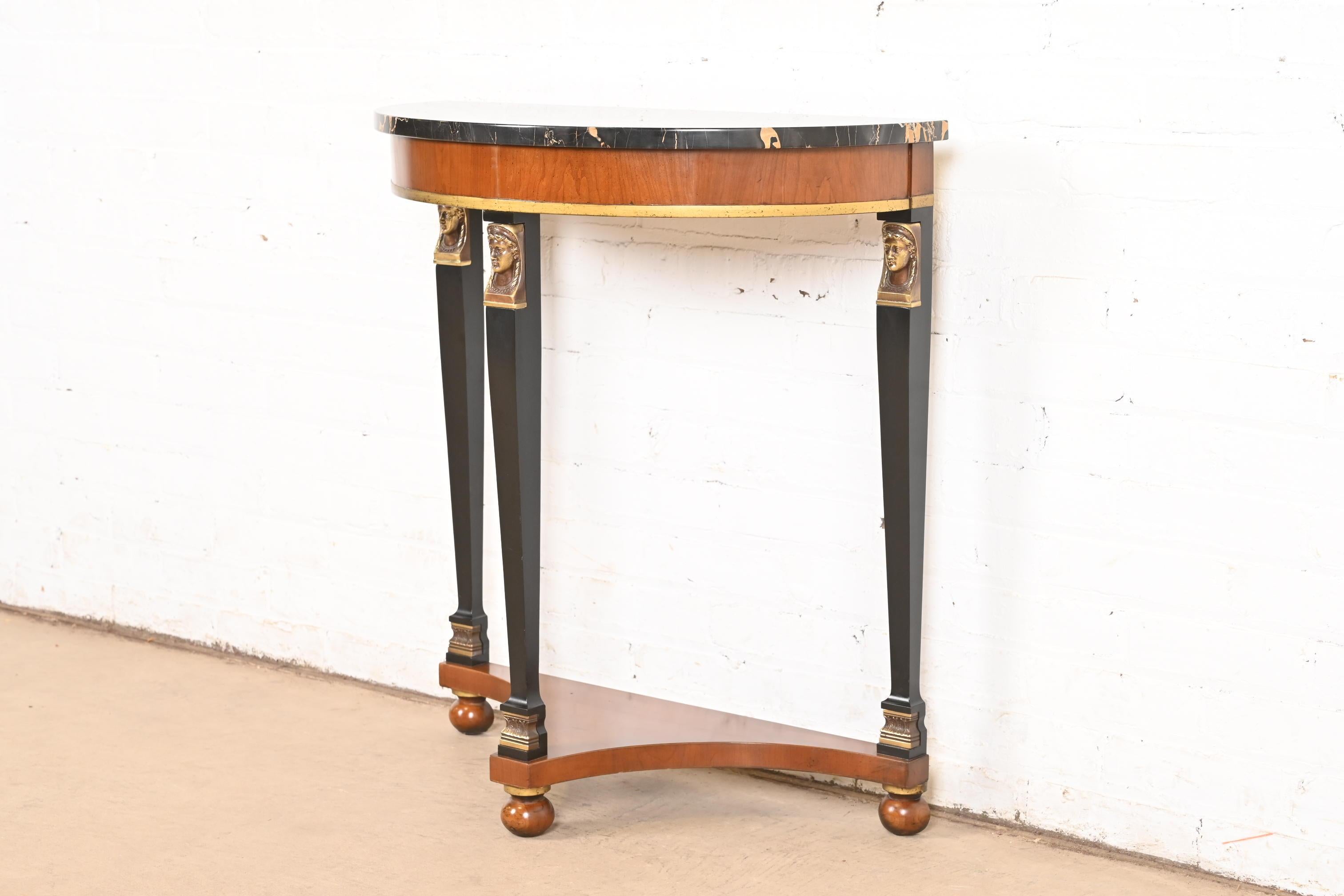 Empire Marble Top Demilune Console Table With Mounted Ormolu In Good Condition For Sale In South Bend, IN
