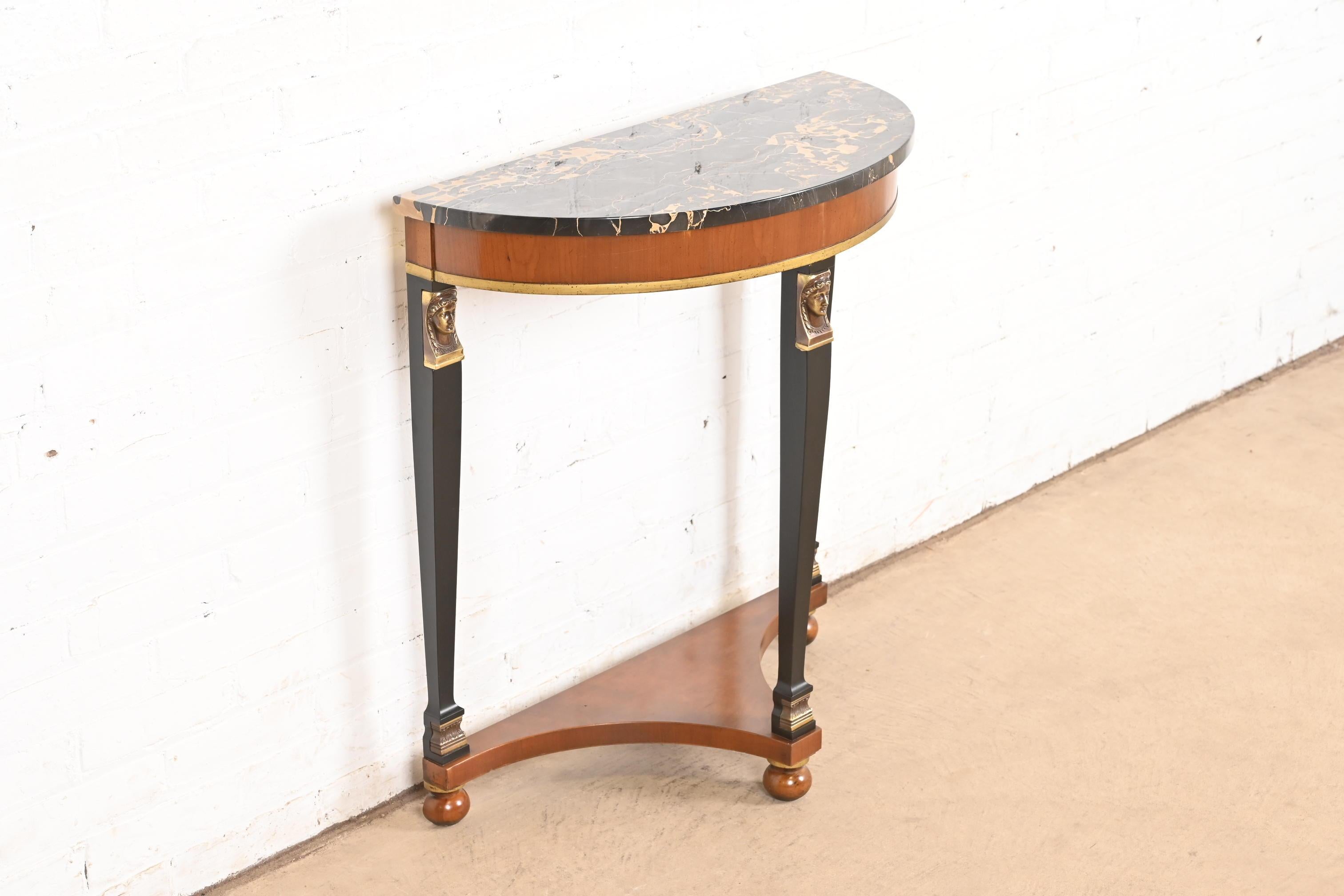 Mid-20th Century Empire Marble Top Demilune Console Table With Mounted Ormolu For Sale