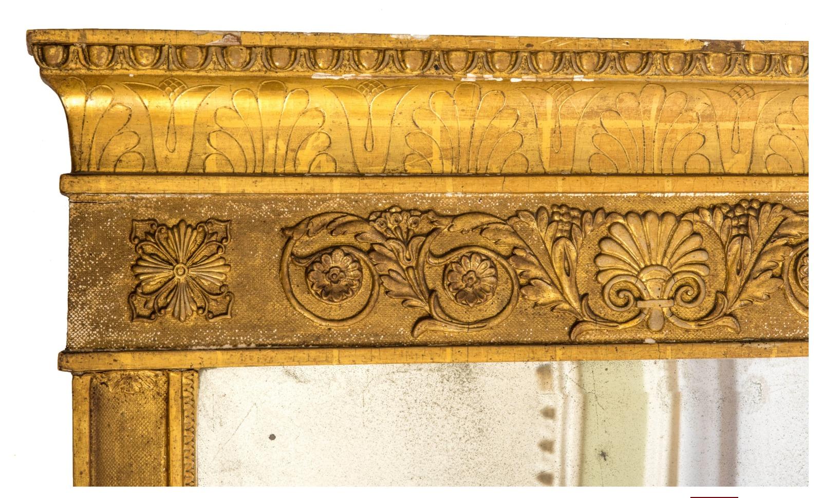 Miroir Empire Napoléon III 19ème siècle
Dorure sur tranche à la feuille d'or et motifs Empire, cygnes, rosaces. 
Miroir d'époque taillé à la main. 
115x69cm
bonne condition