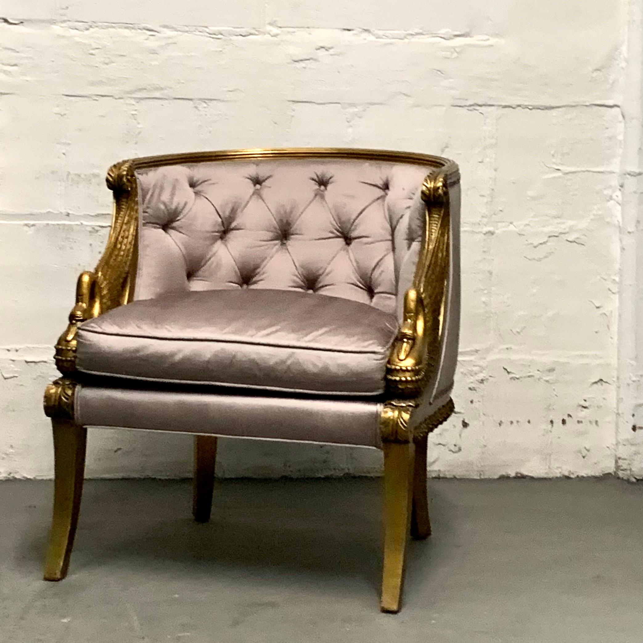 Empire style gilt gondola chair after the iconic design (1803) by the Jacob Frères for Empress Joséphine, Swans, Kravet couture raw silk.

The Jacob Frères most famous client was Josephine, wife of Napoleon Bonaparte. She used them to decorate