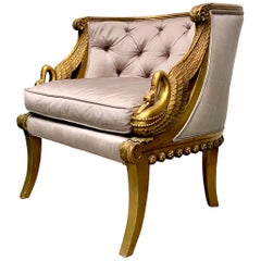 Empire Neoclassical Gilt Gondola chair, Empress Joséphine, Swans, Silk lounge 