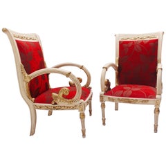 Empire Neoclassical Revival Palatial Carved White Thrones Armchairs 20th Century