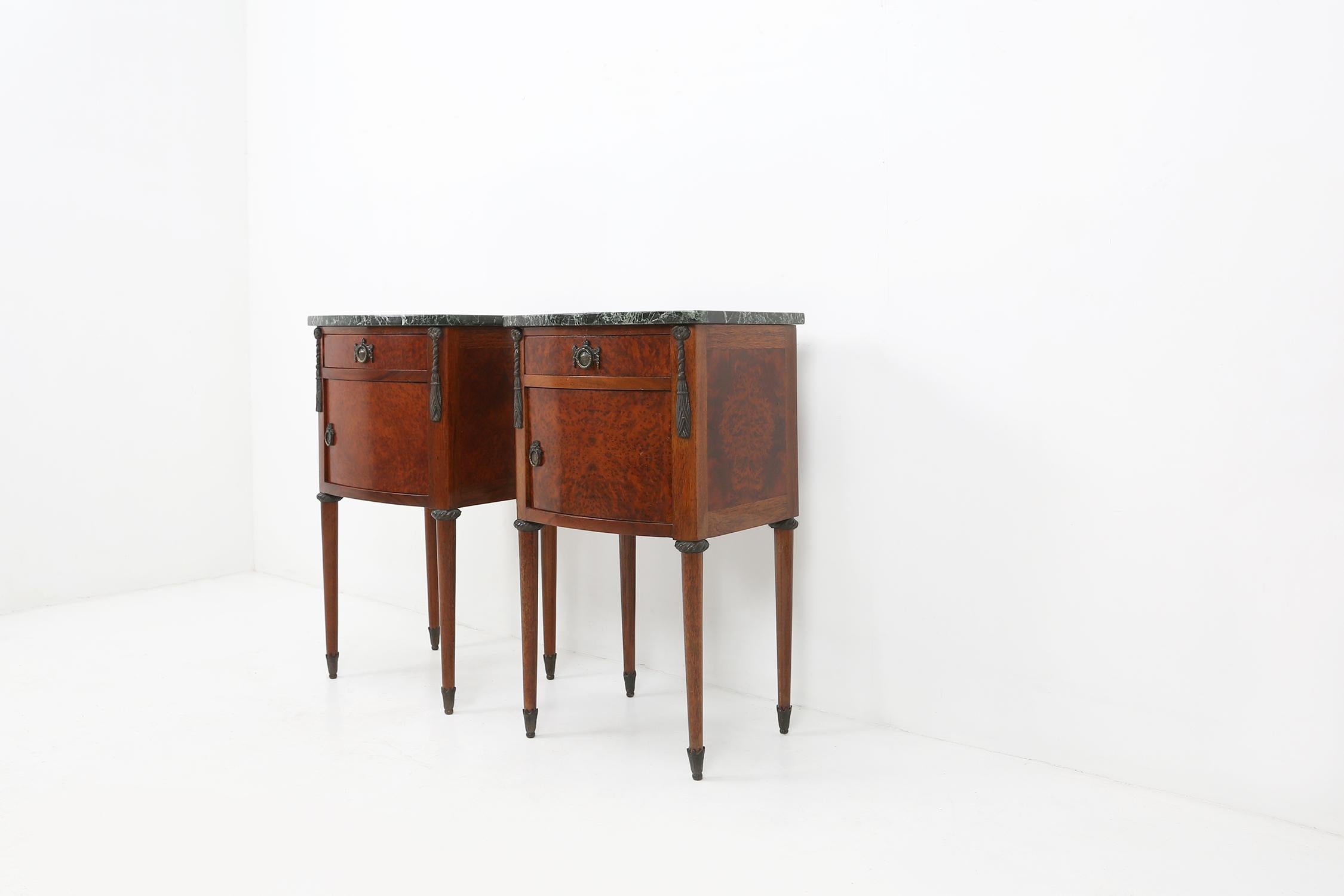 Empire style nightstands made around 1950. Made of some high value materials as burl wood, marble and brass.