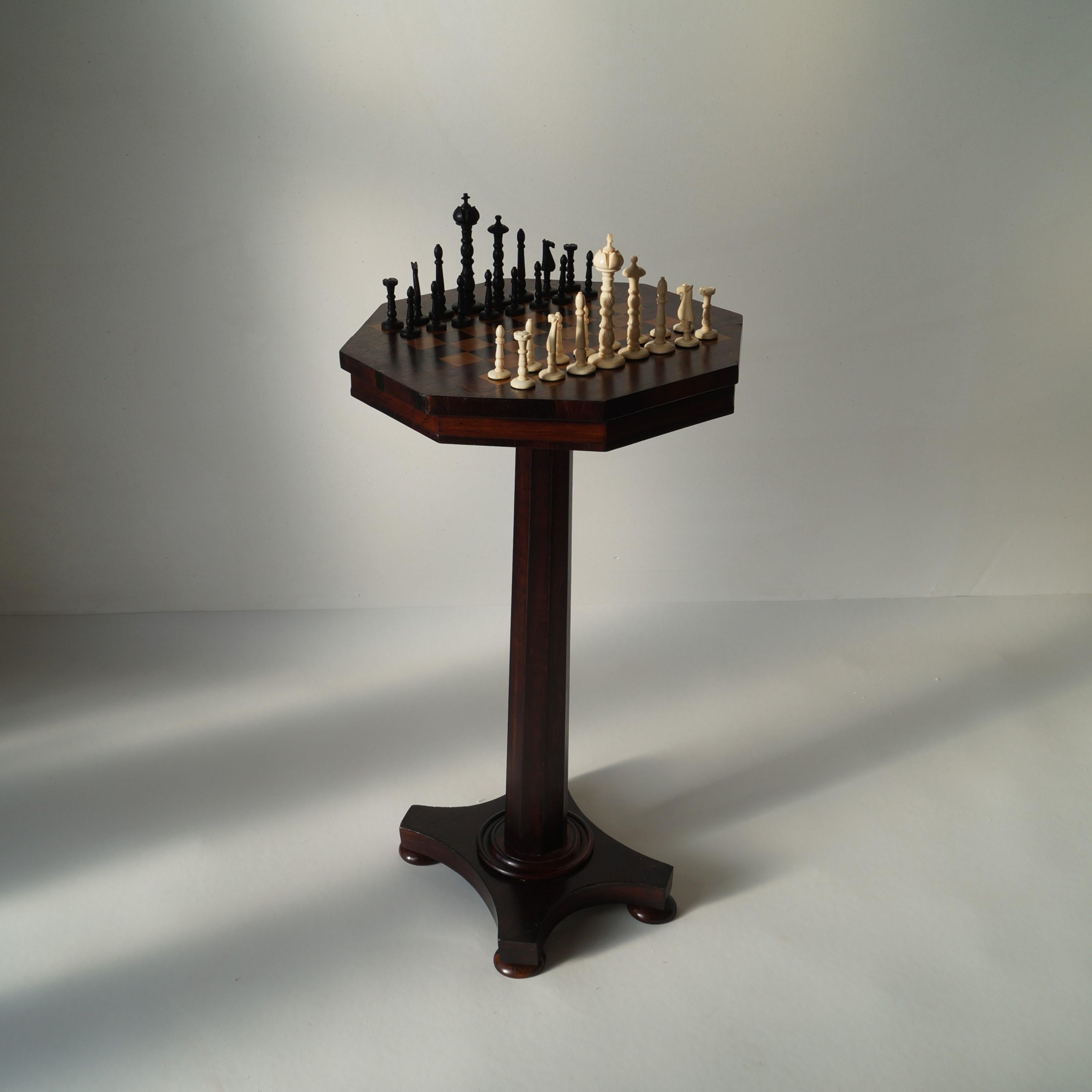 Dutch Empire Octagonal Chess Table, 1870s, Set of 33
