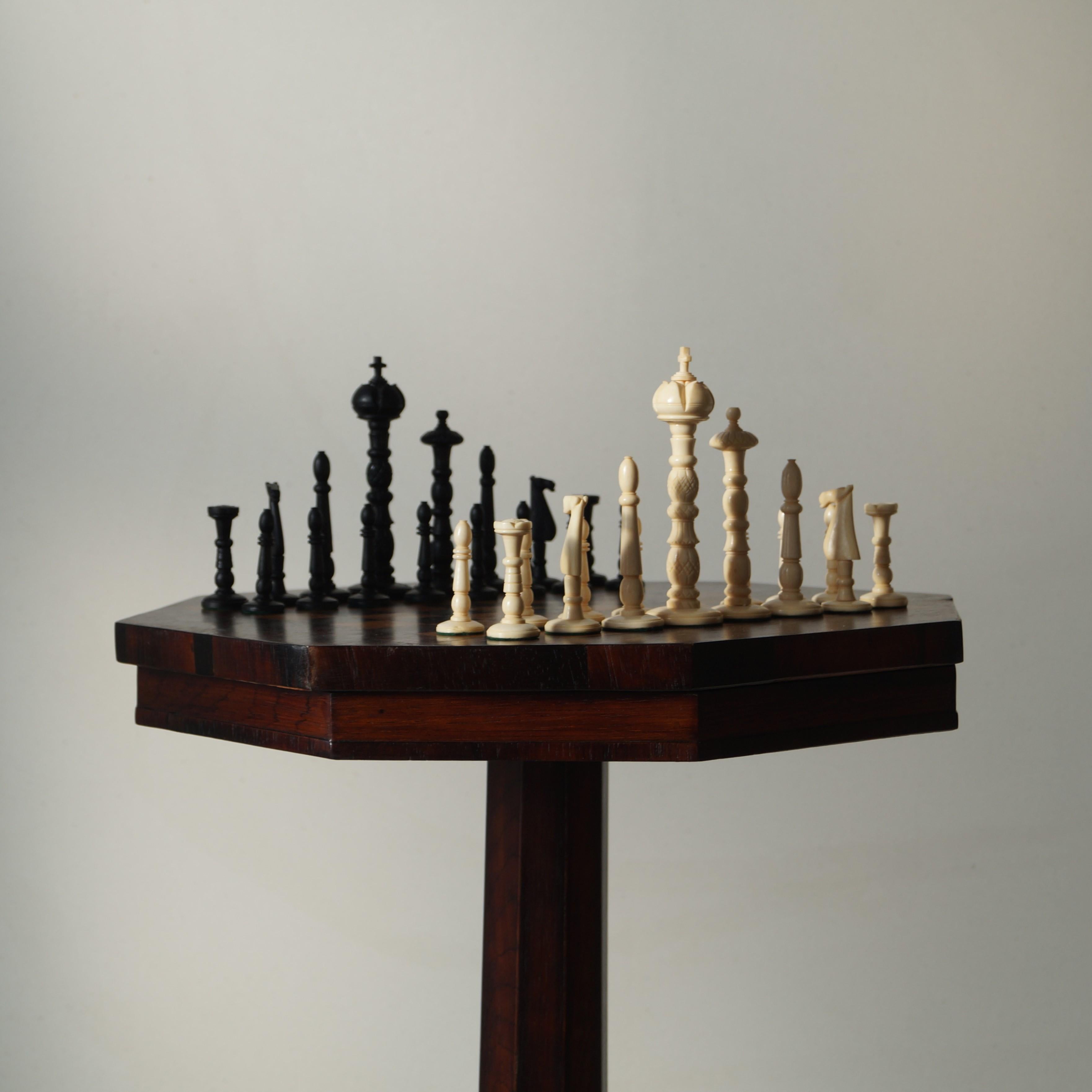 Bone Empire Octagonal Chess Table, 1870s, Set of 33