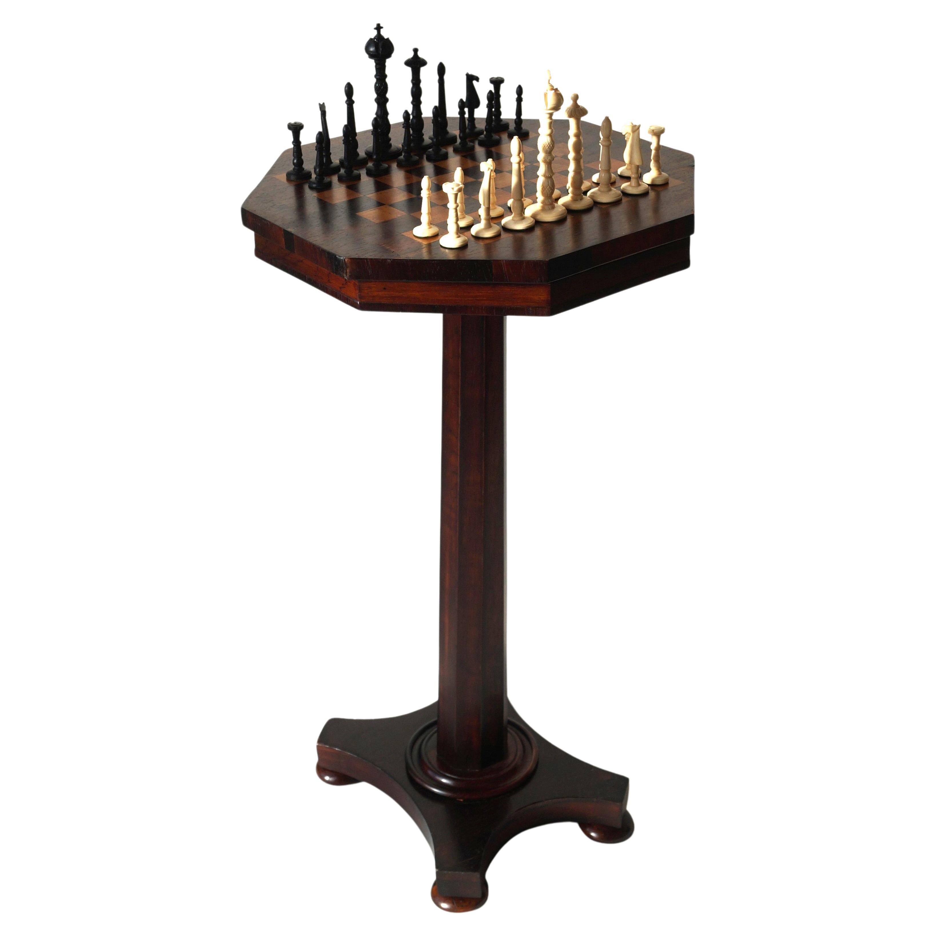 Empire Octagonal Chess Table, 1870s, Set of 33