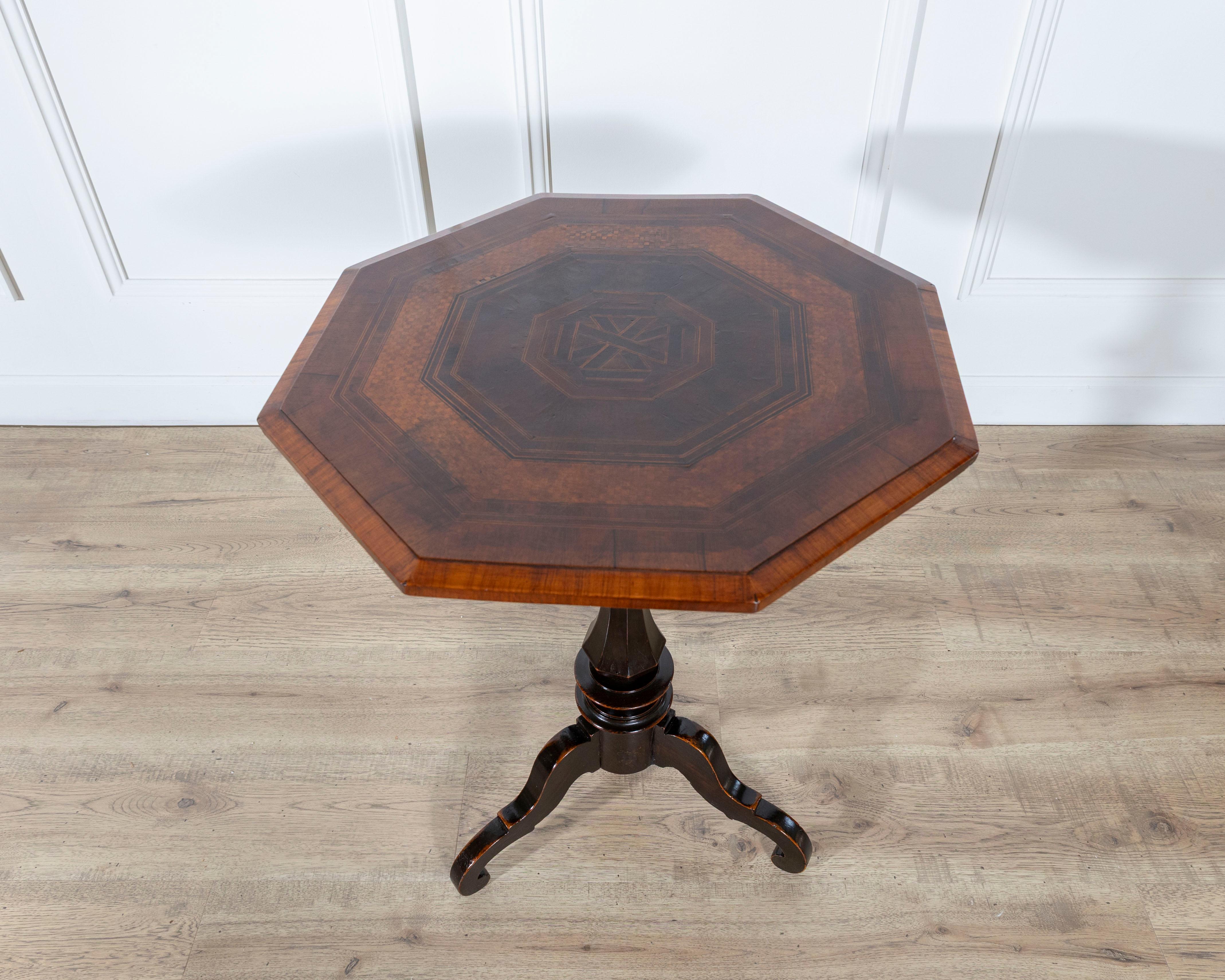 Italian Empire Octagonal Sail Table in Walnut with Precious Wood Veneer, Milan, Early 19 For Sale