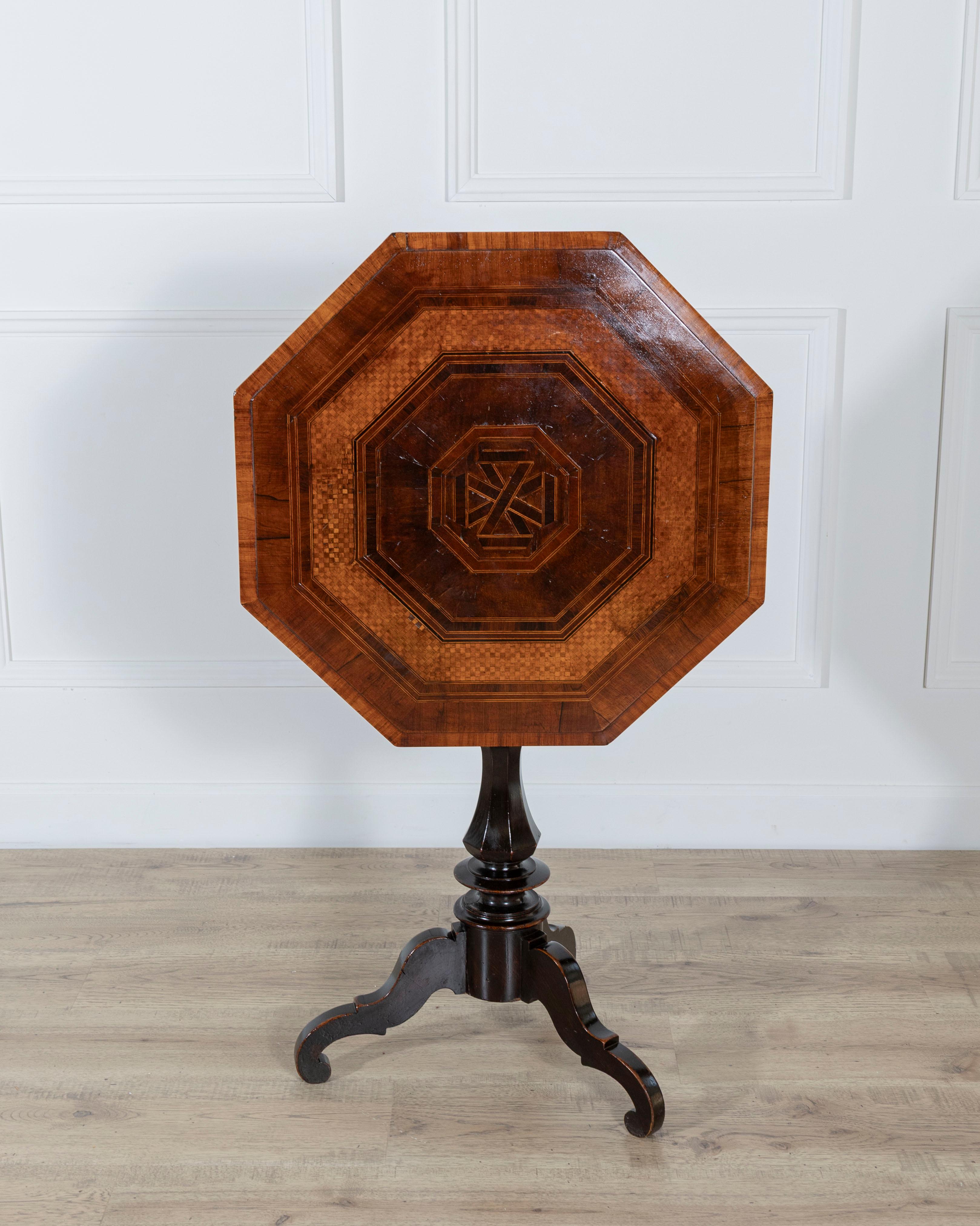 19th Century Empire Octagonal Sail Table in Walnut with Precious Wood Veneer, Milan, Early 19 For Sale