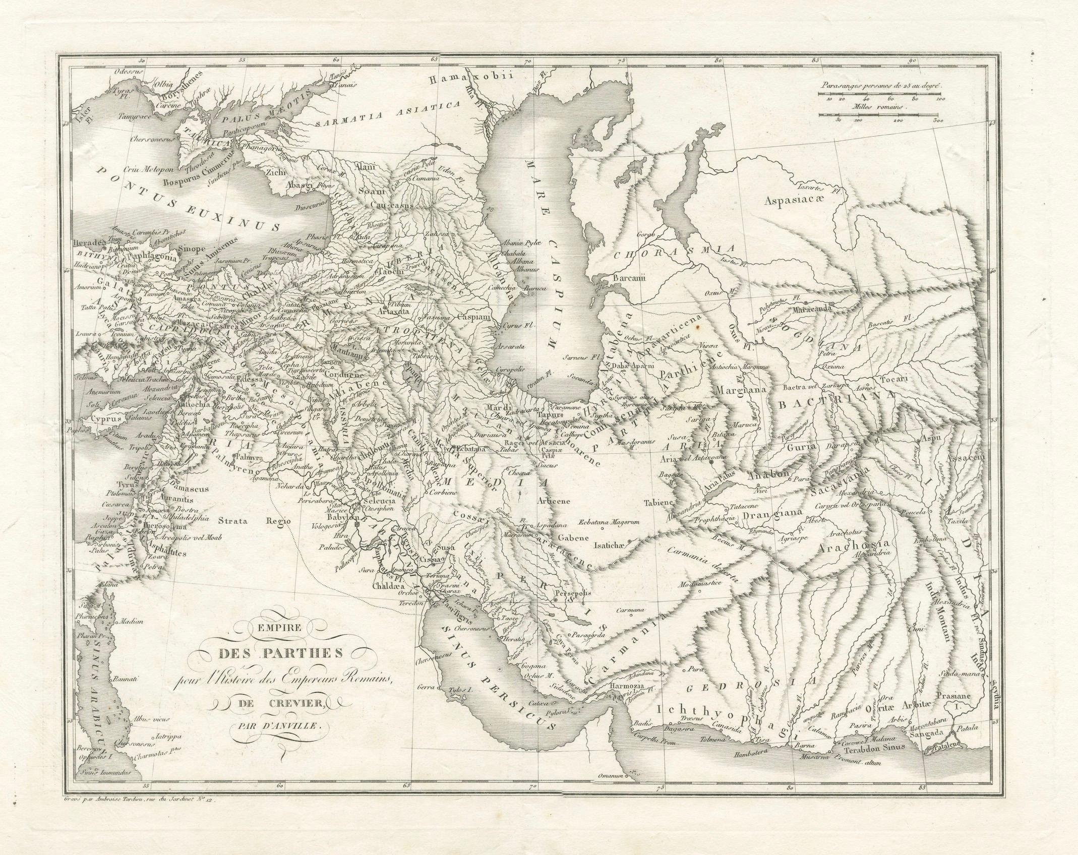 Description:

Ancient map of the Parthian Empire (19th century), original engraving extracted from the atlas of the history of the emperors from 1819, based on the history of the Roman emperors by Crevier, by d'Anville, the King's ordinary