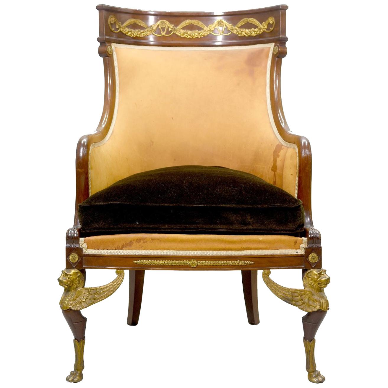 Empire Office Armchair "Back from Egypt" Mahogany and Gilded Bronze