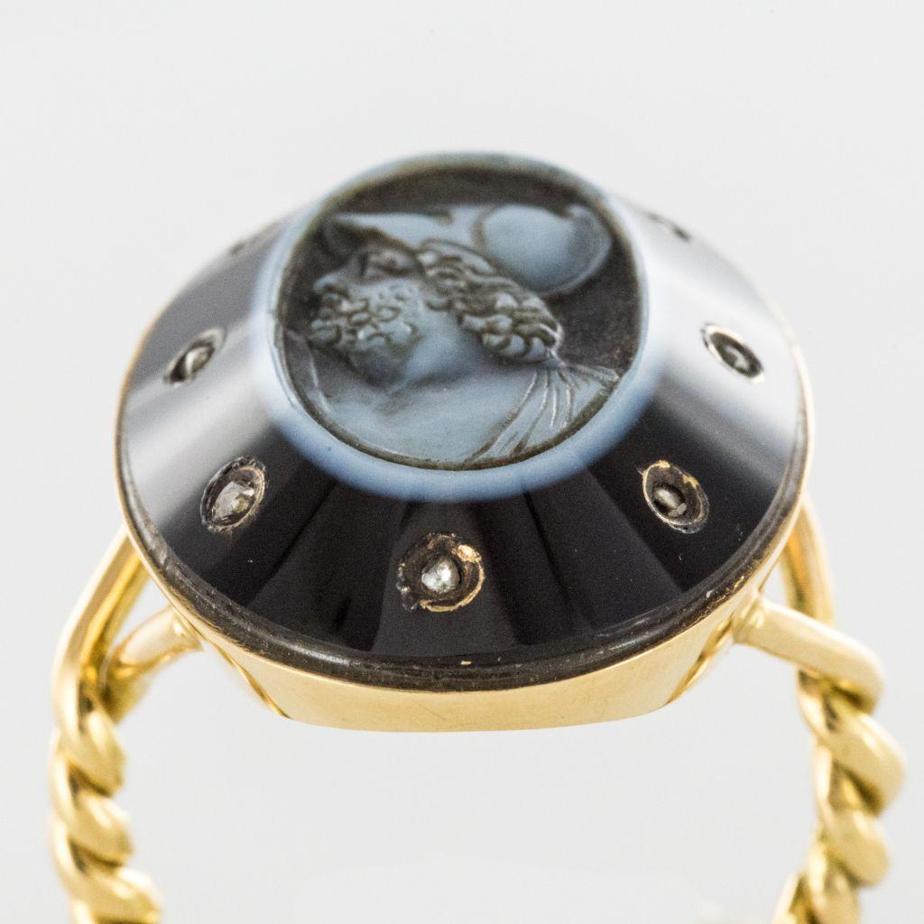 Empire Onyx Cameo and Rose Cut Diamond Ring In Good Condition For Sale In Poitiers, FR