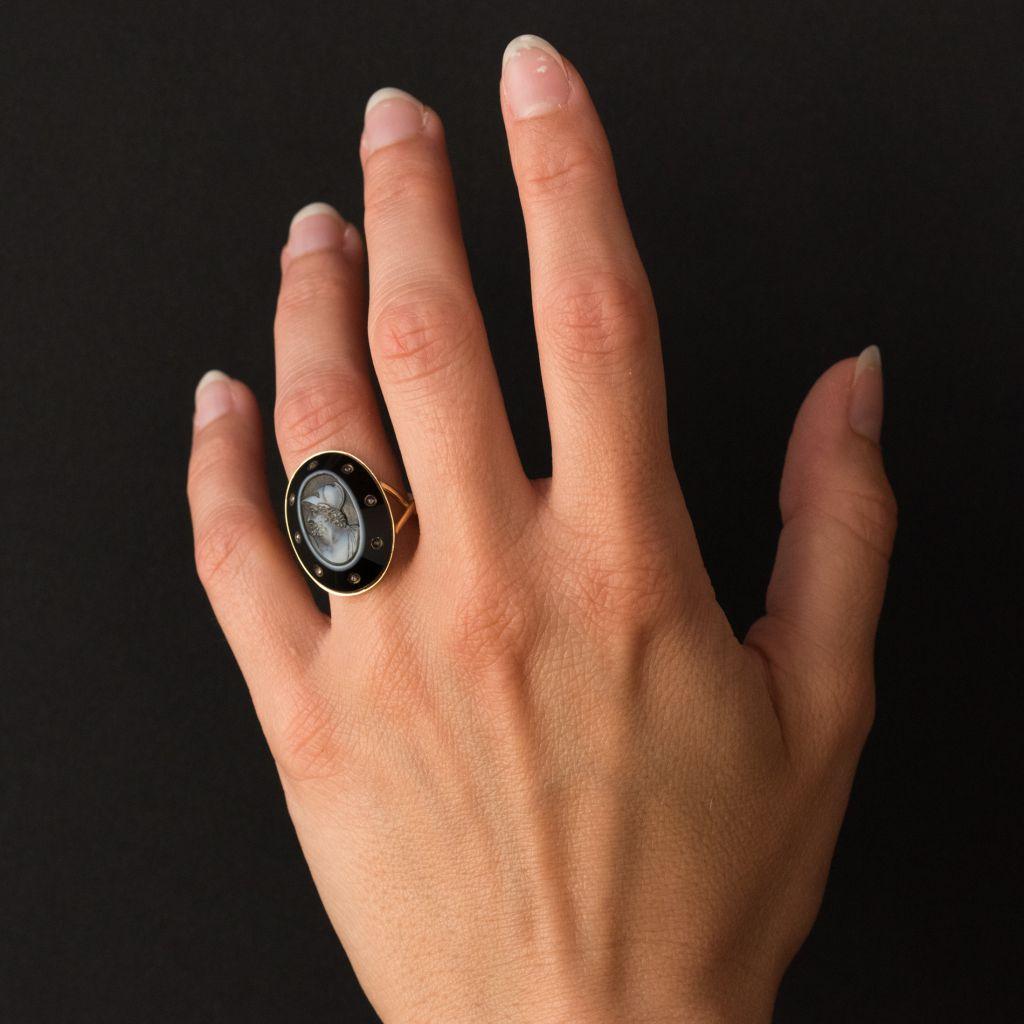 Empire Onyx Cameo and Rose Cut Diamond Ring For Sale 1