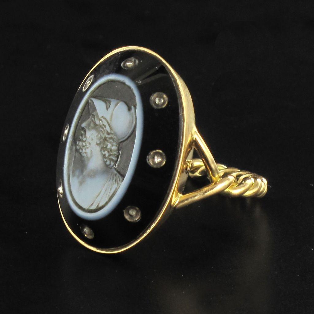 Empire Onyx Cameo and Rose Cut Diamond Ring For Sale 5