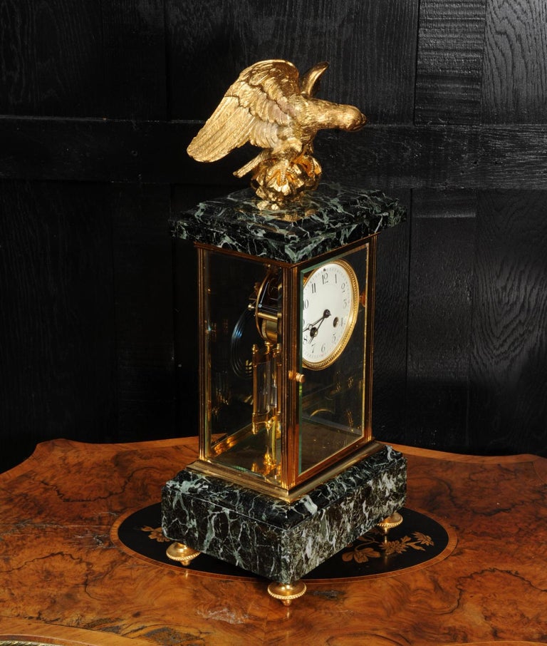 Gilt Empire Ormolu and Green Marble Four Glass Clock, Eagle Antique French For Sale