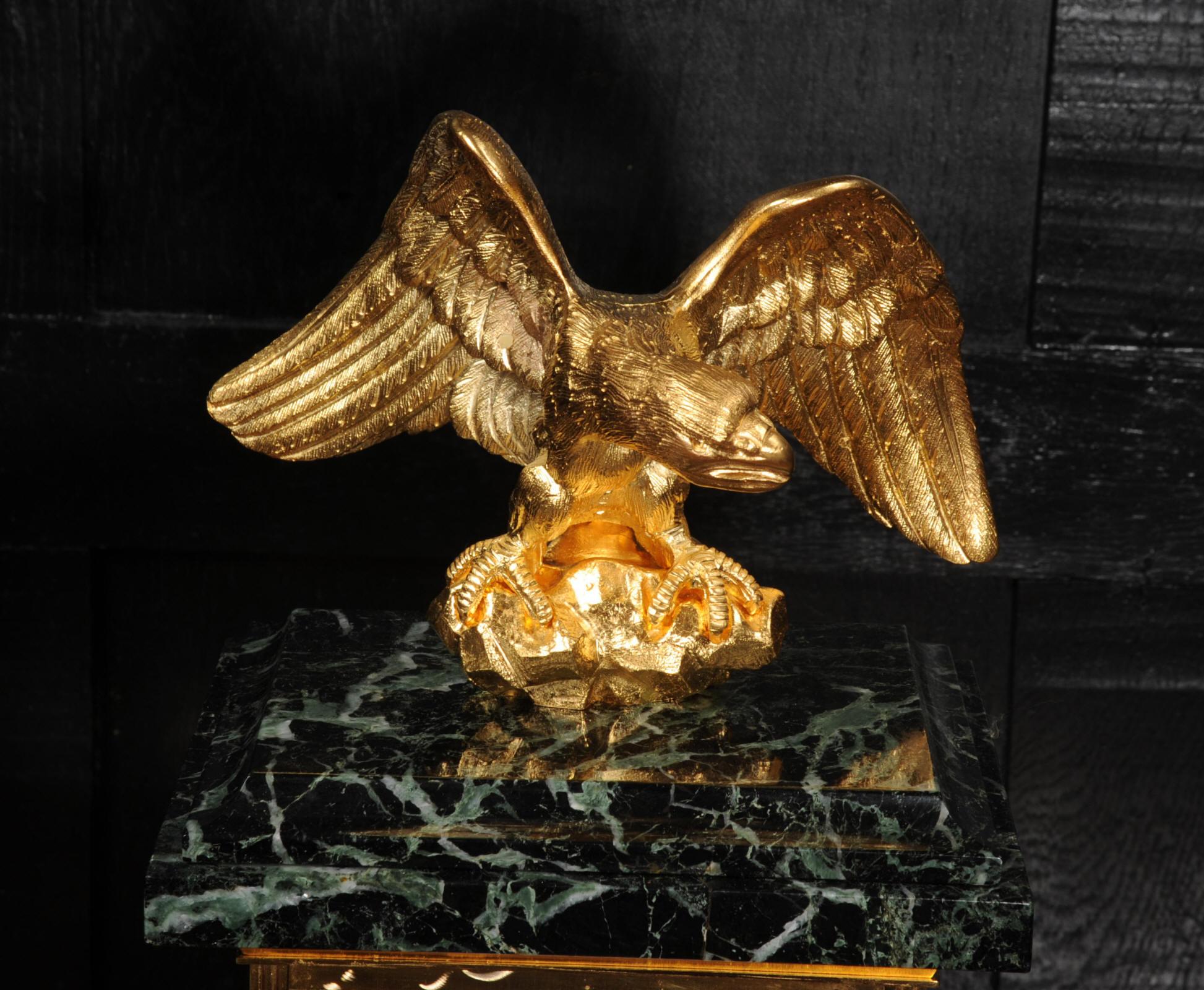 19th Century Empire Ormolu and Green Marble Four Glass Clock, Eagle Antique French