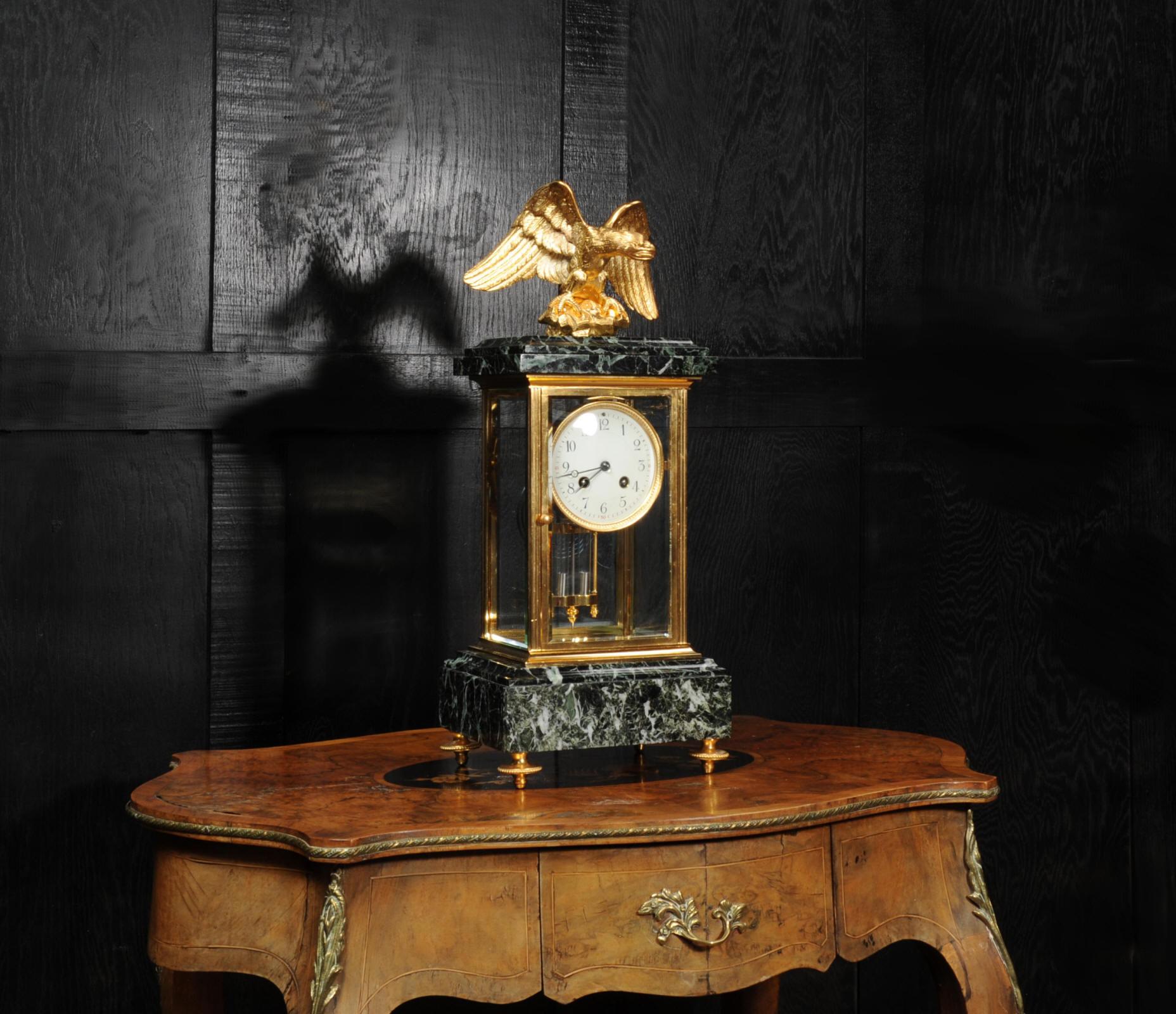 Bronze Empire Ormolu and Green Marble Four Glass Clock, Eagle Antique French