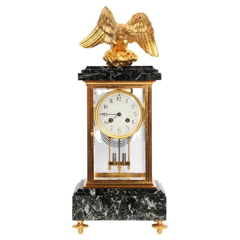 Empire Ormolu and Green Marble Four Glass Clock, Eagle Antique French For Sale