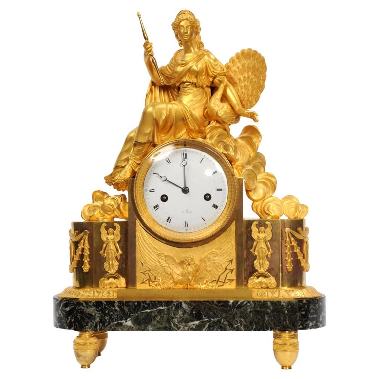Empire Ormolu Antique French Clock Goddess Juno For Sale