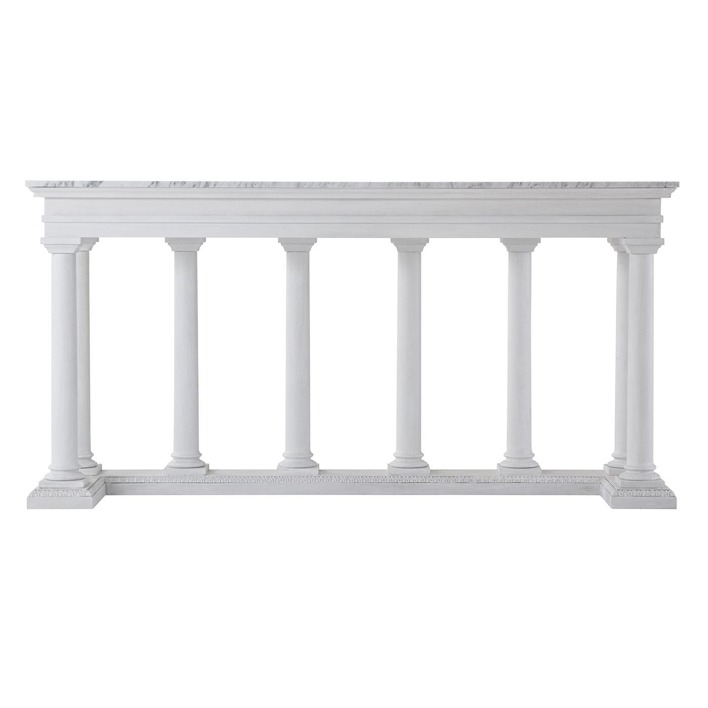 A French Empire style console table with a white Carrara marble top, a white painted finish on the eight-legged column-form base with a C form egg and dart carved plinth base.

Dimensions: 72
