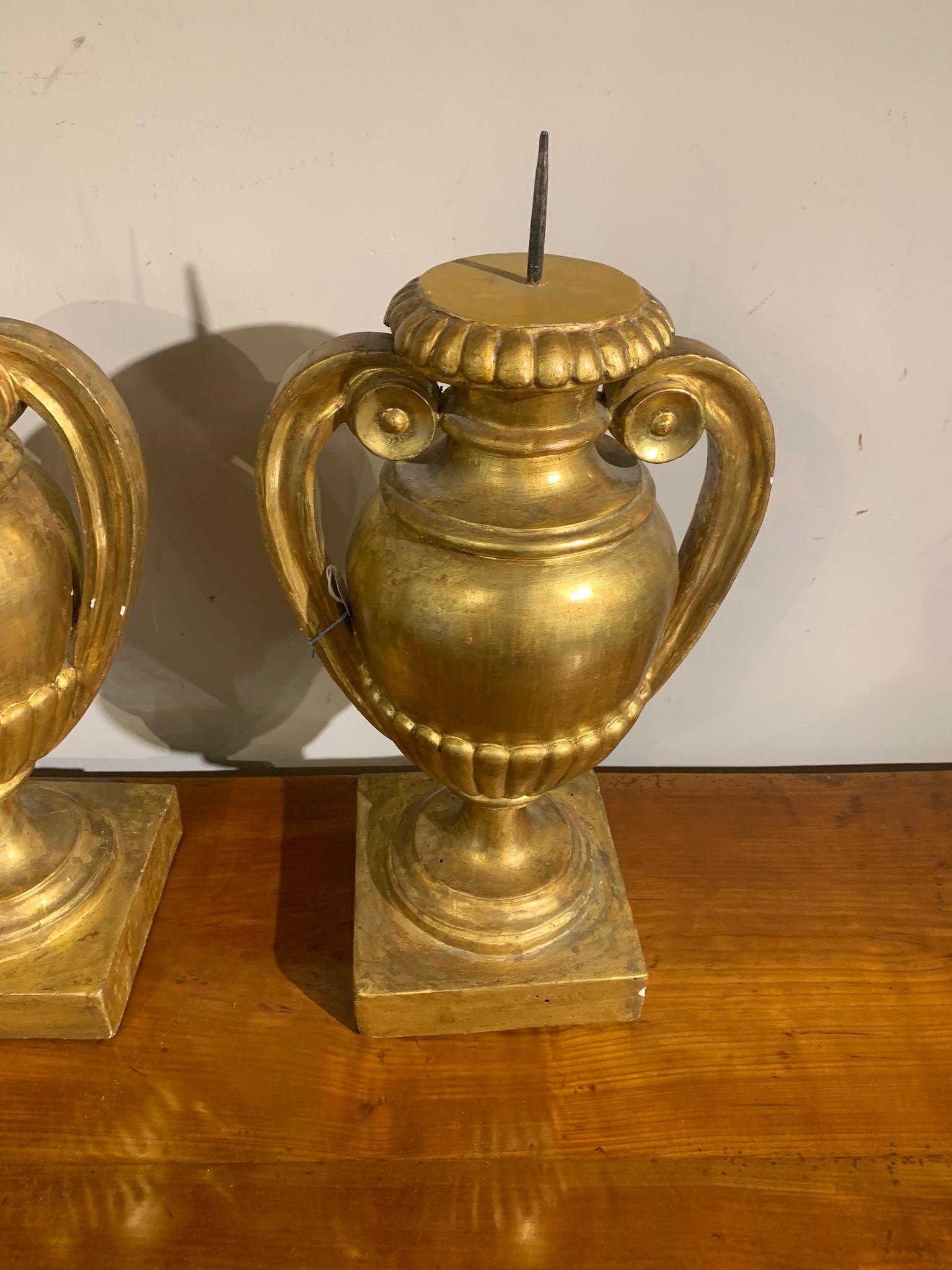 Italian Empire Pair of Giltwood Amphora Candlestick For Sale