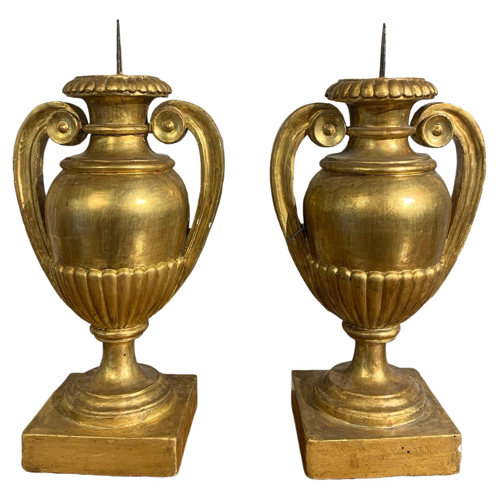 Empire Pair of Giltwood Amphora Candlestick For Sale