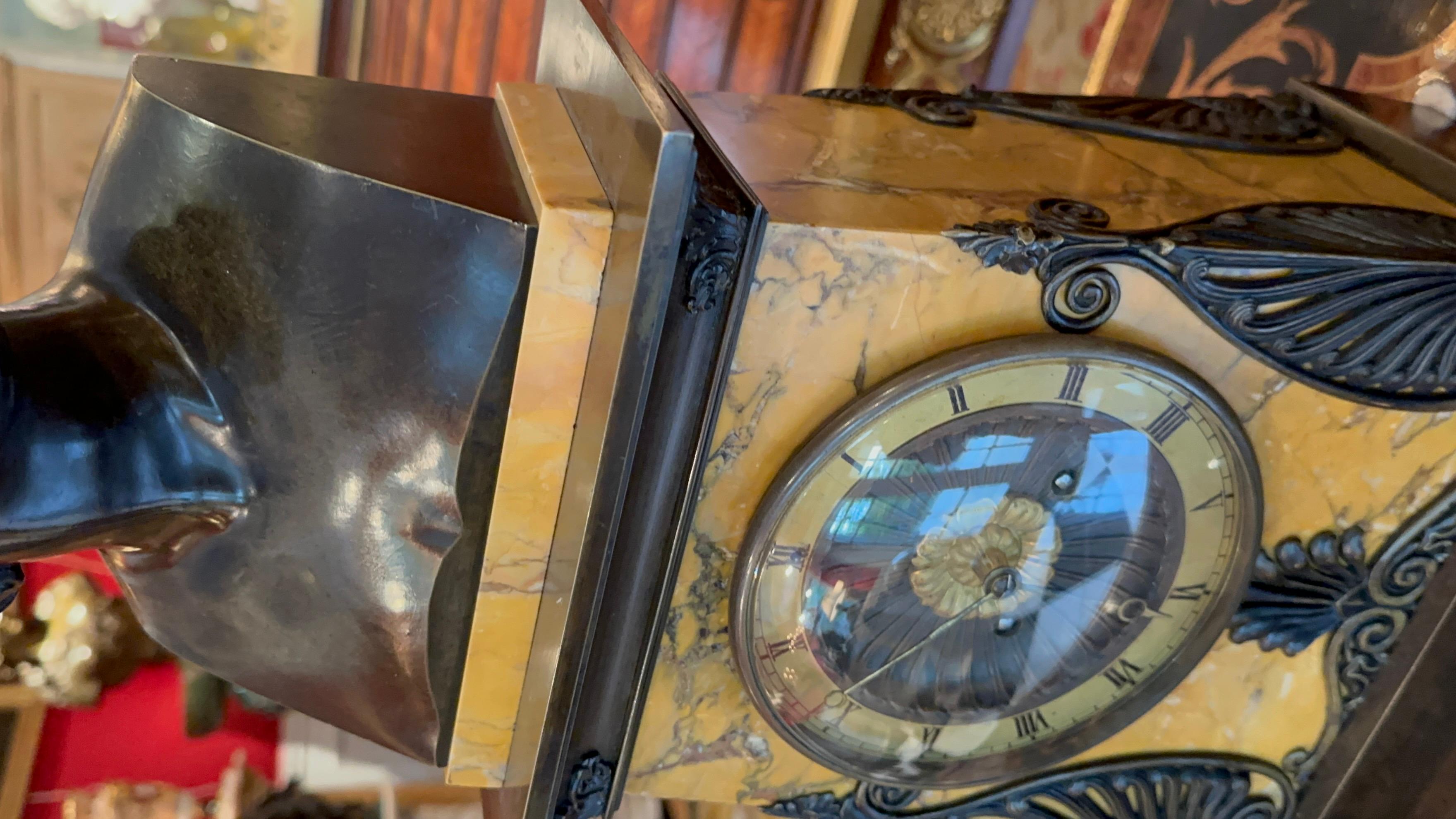   Empire Bronze and Sienna Marble Clock with a bust of Apollo Belvedere For Sale 4