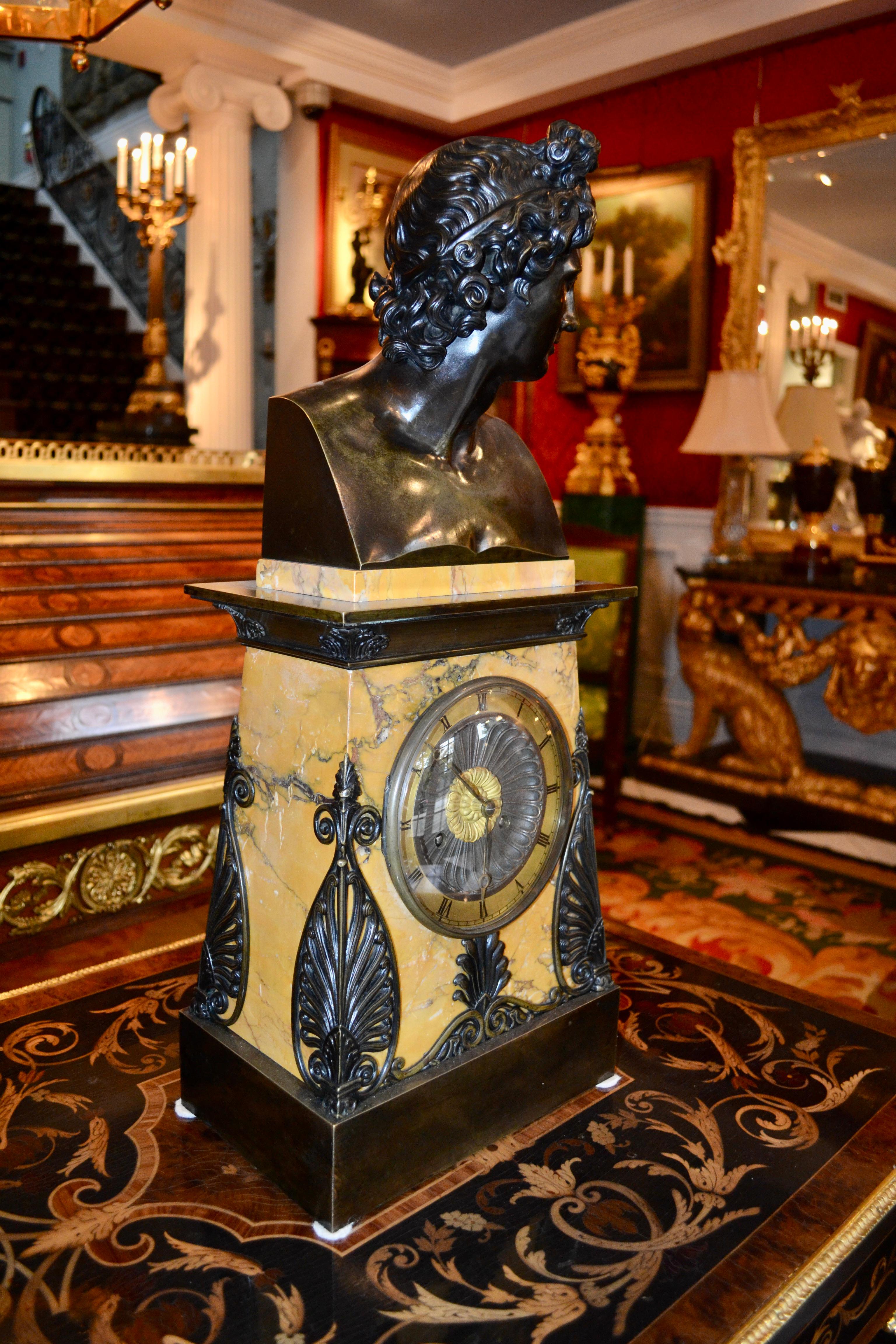 Empire Bronze and Sienna Marble Clock with a bust of Apollo Belvedere For Sale 2