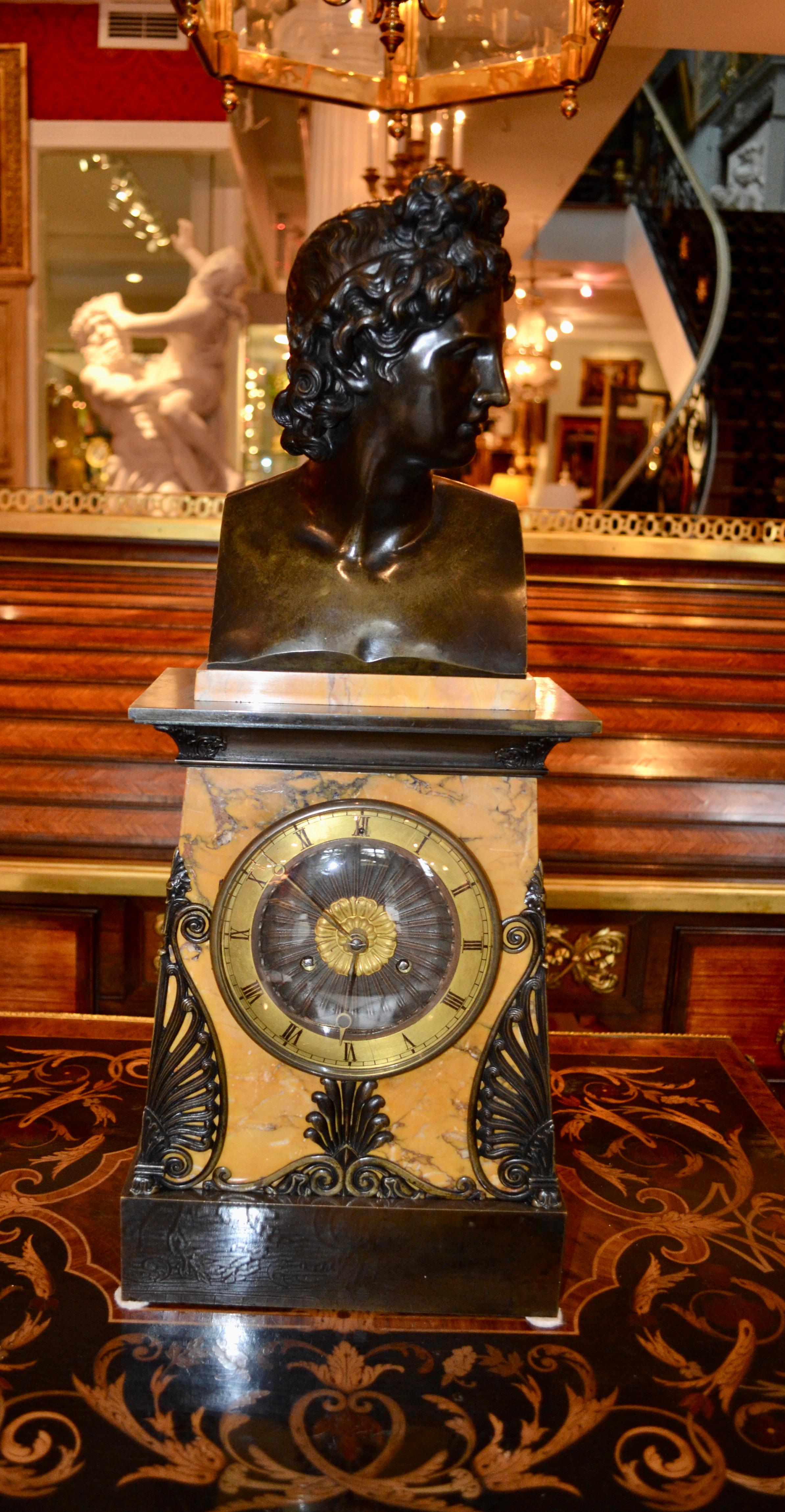 Empire Bronze and Sienna Marble Clock with a bust of Apollo Belvedere For Sale 3