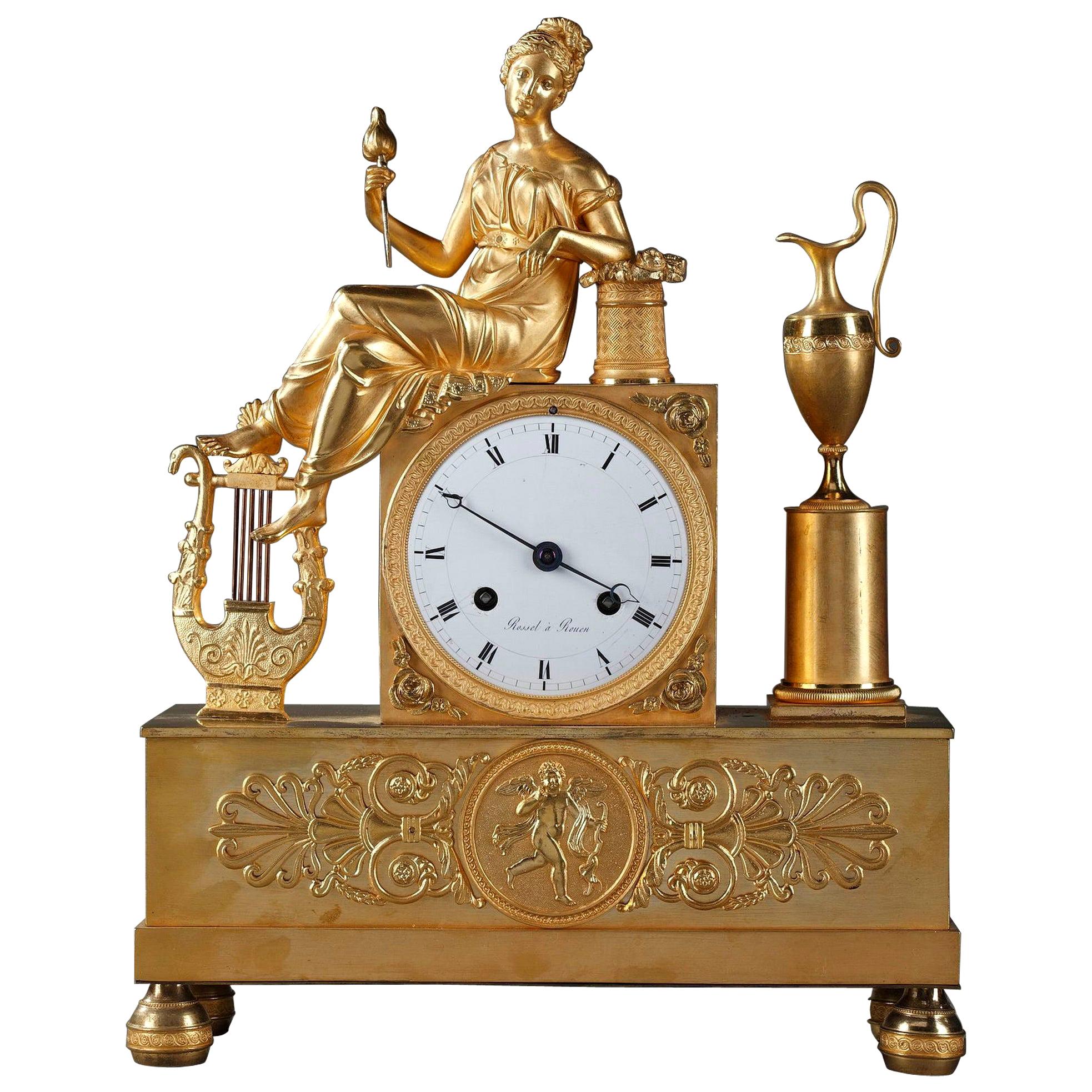 Empire Pendulum Clock the Spinner, Signed Rossel in Rouen For Sale