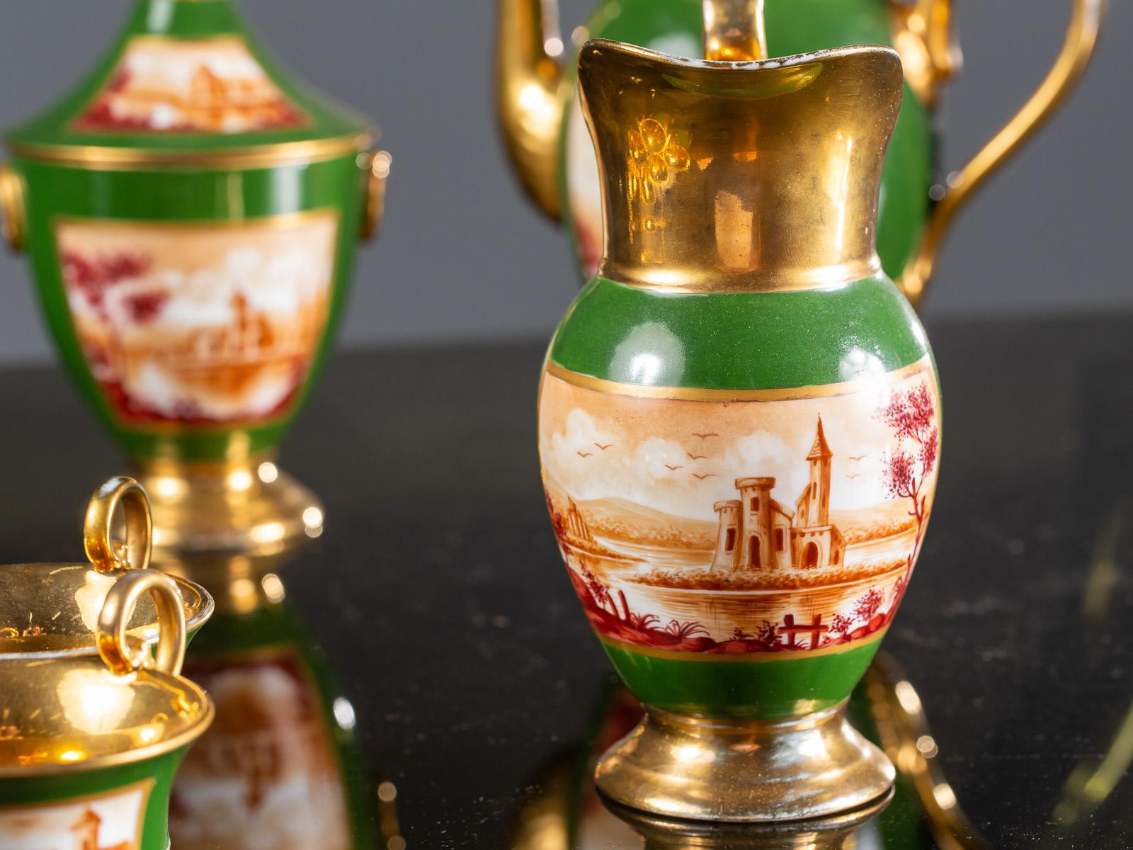 19th Century Empire Period Antique French Handmade Gold Porcelain Tea Coffee Set, circa 1810 For Sale