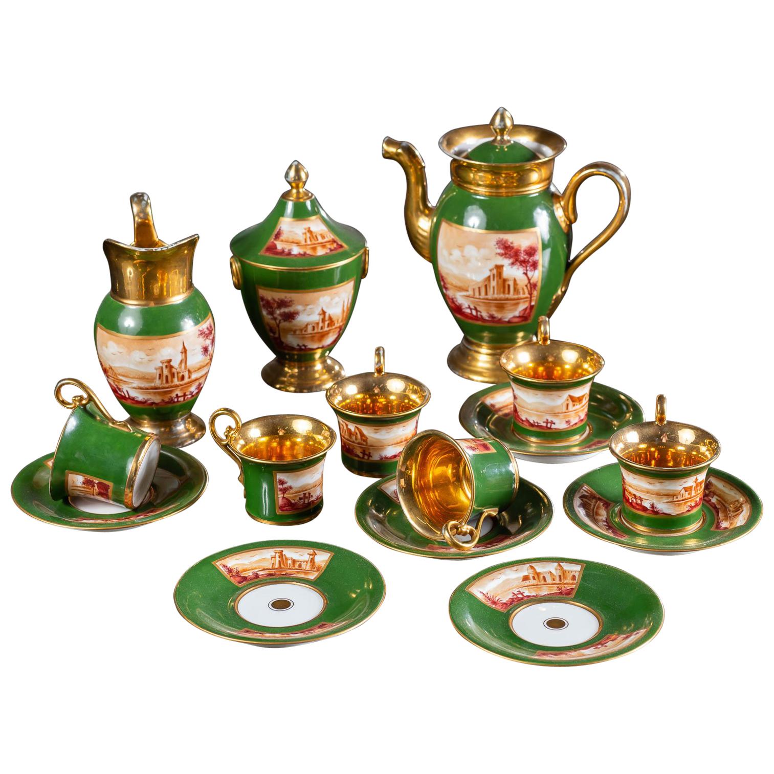 Empire Period Antique French Handmade Gold Porcelain Tea Coffee Set, circa 1810 For Sale