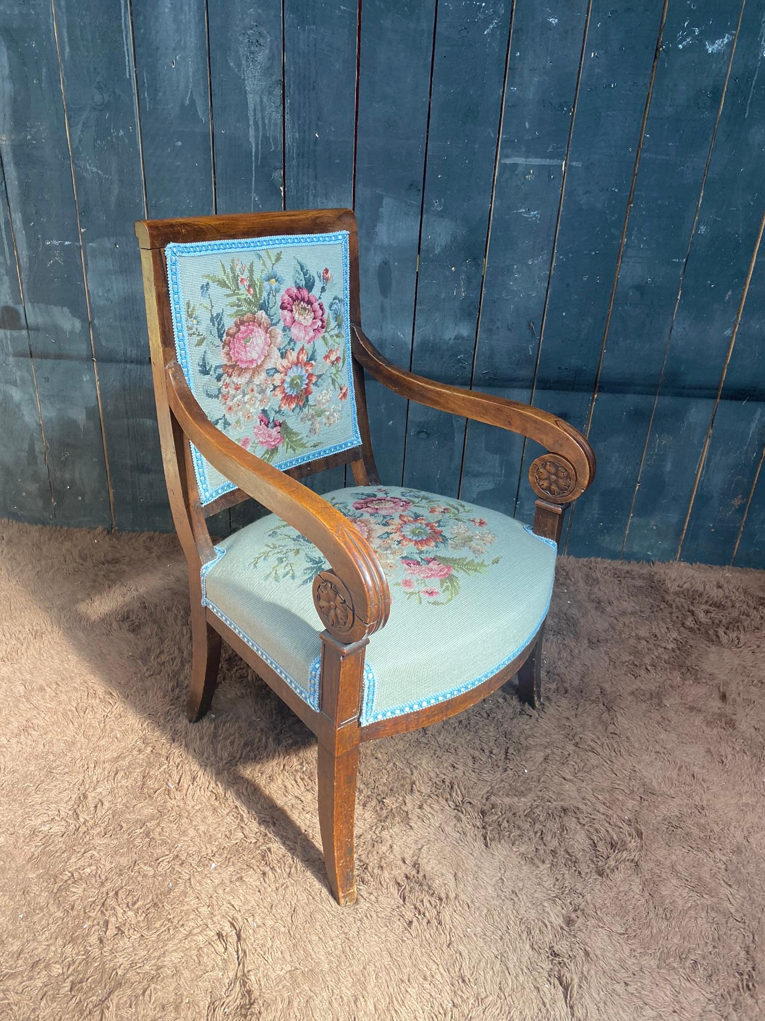 Empire period armchair in walnut, upholstery redone For Sale 5