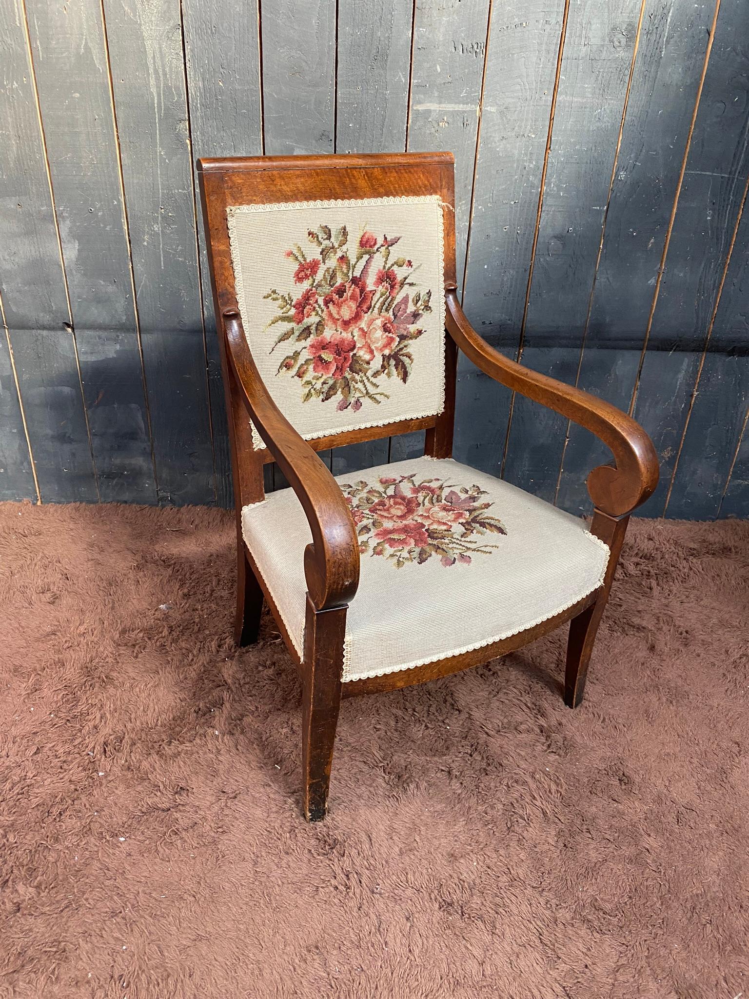 Empire period armchair in walnut, upholstery redone For Sale 7