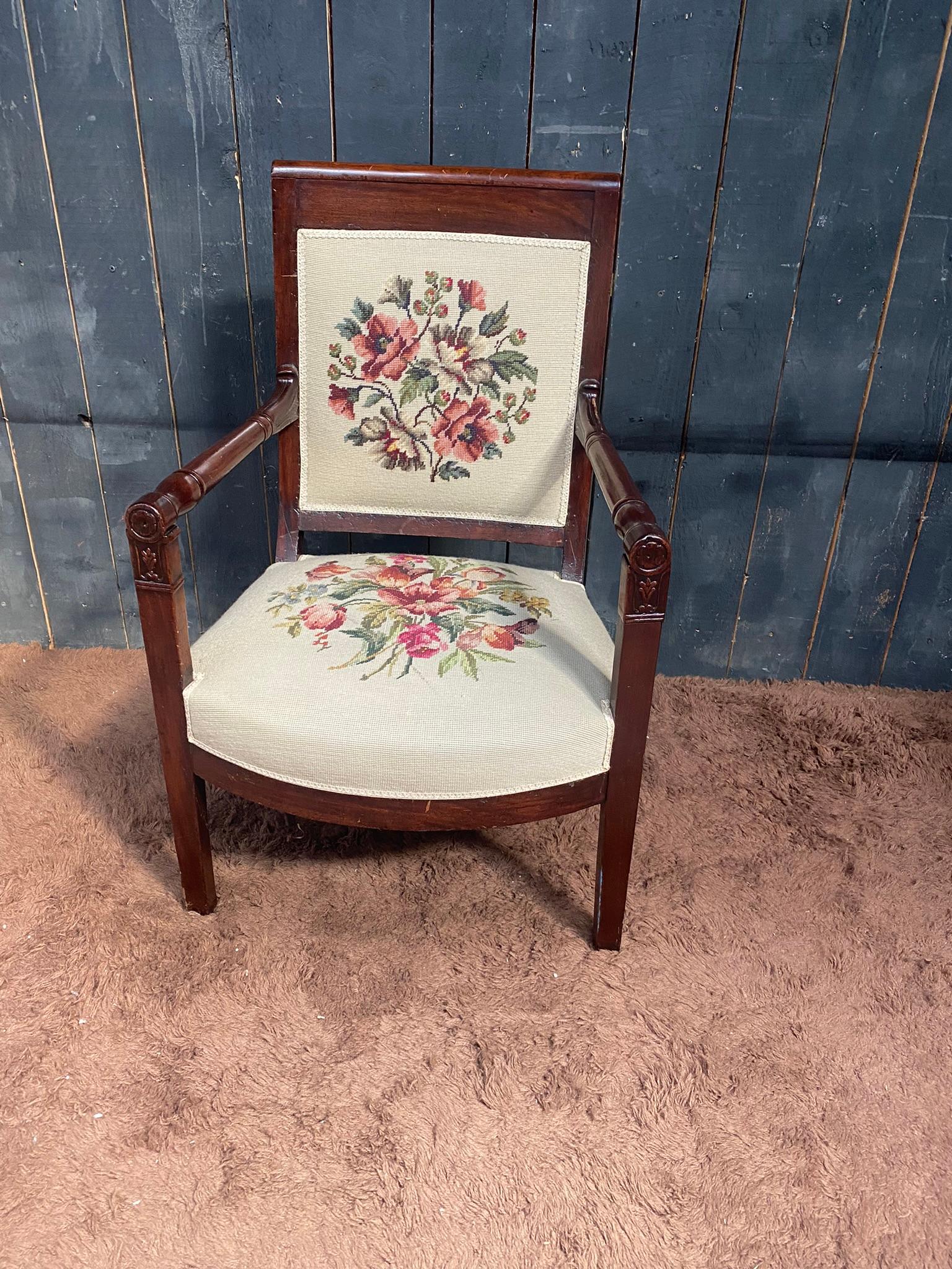 French Empire Period Armchair in Walnut, Upholstery Redone For Sale