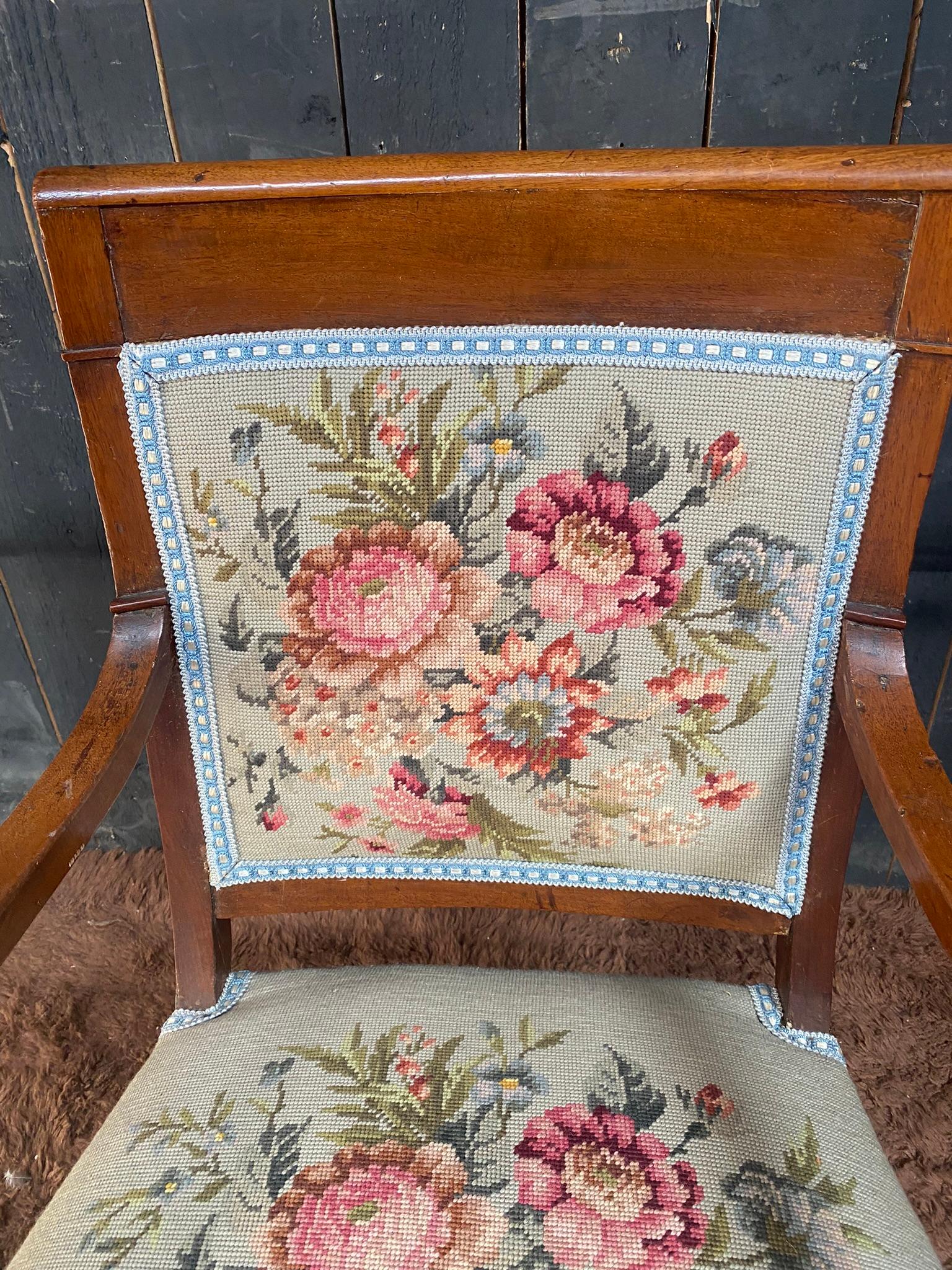 Tapestry Empire Period Armchair in Walnut, Upholstery Redone For Sale