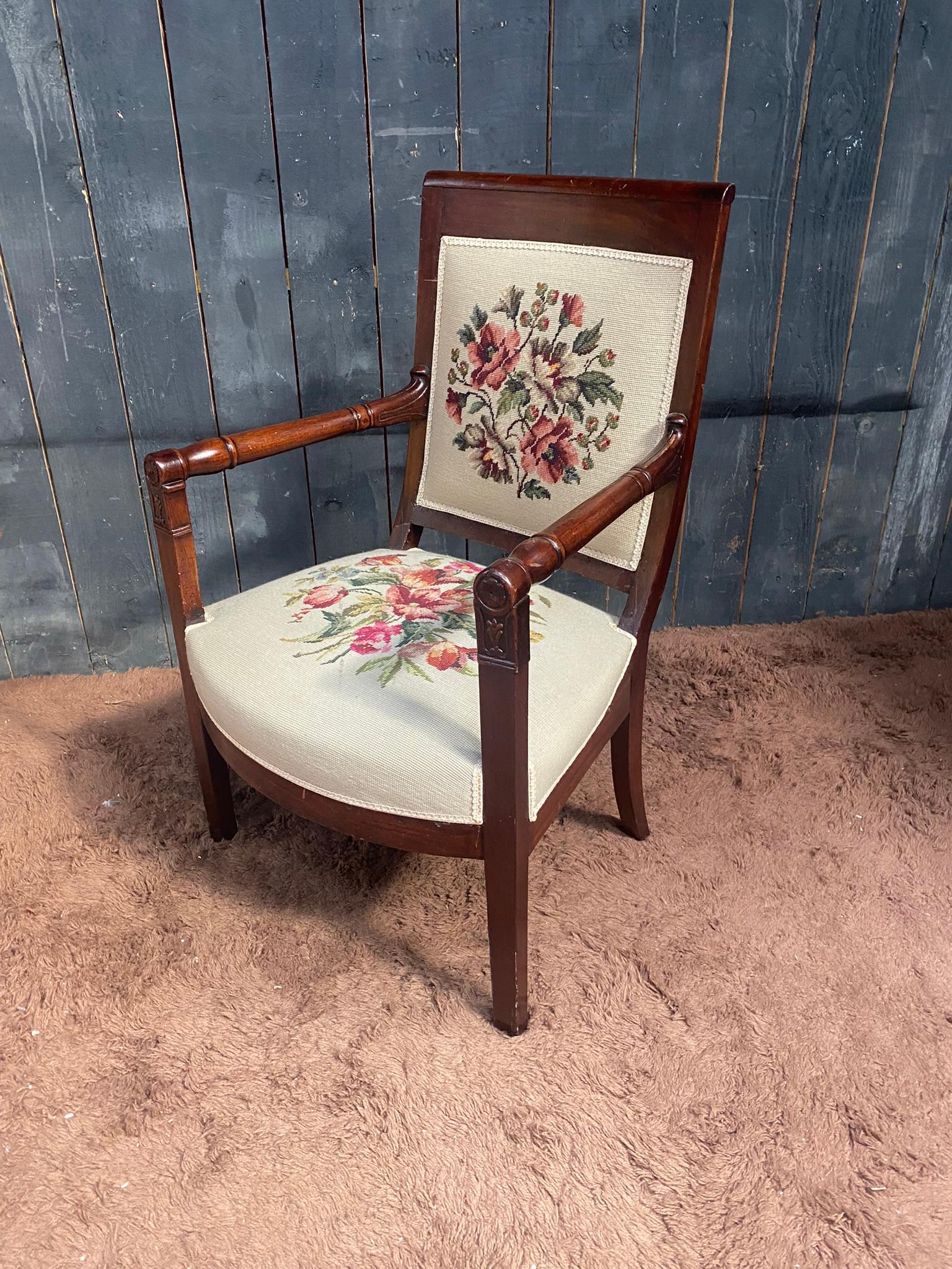 Tapestry Empire Period Armchair in Walnut, Upholstery Redone For Sale