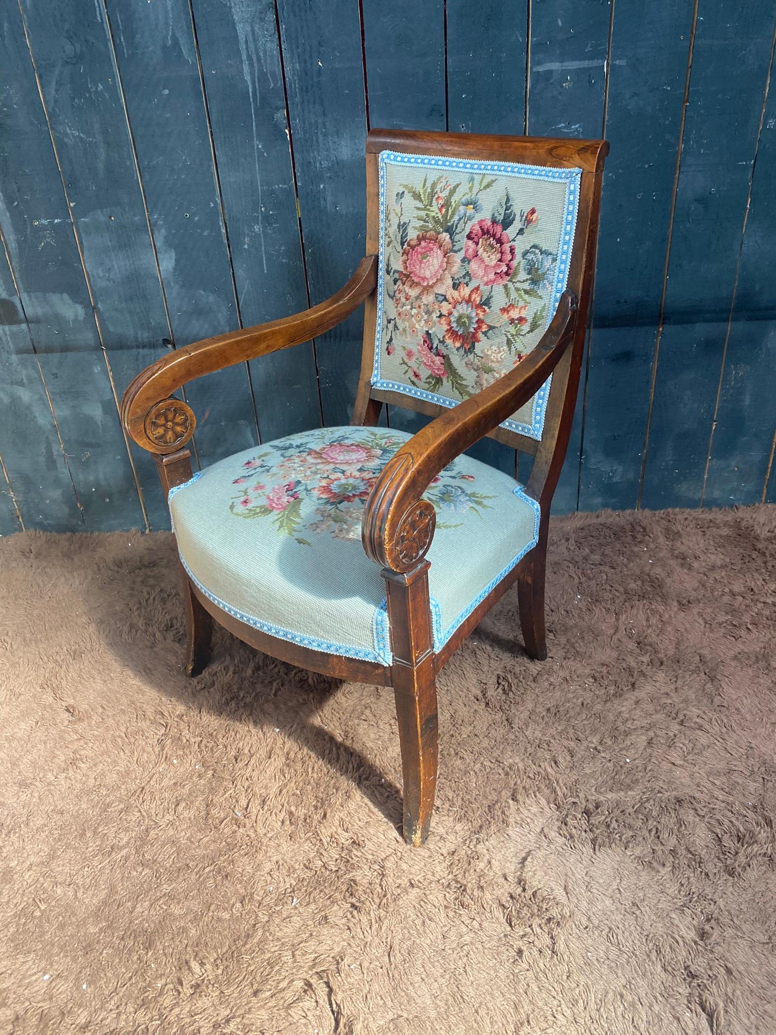 Empire period armchair in walnut, upholstery redone For Sale 2