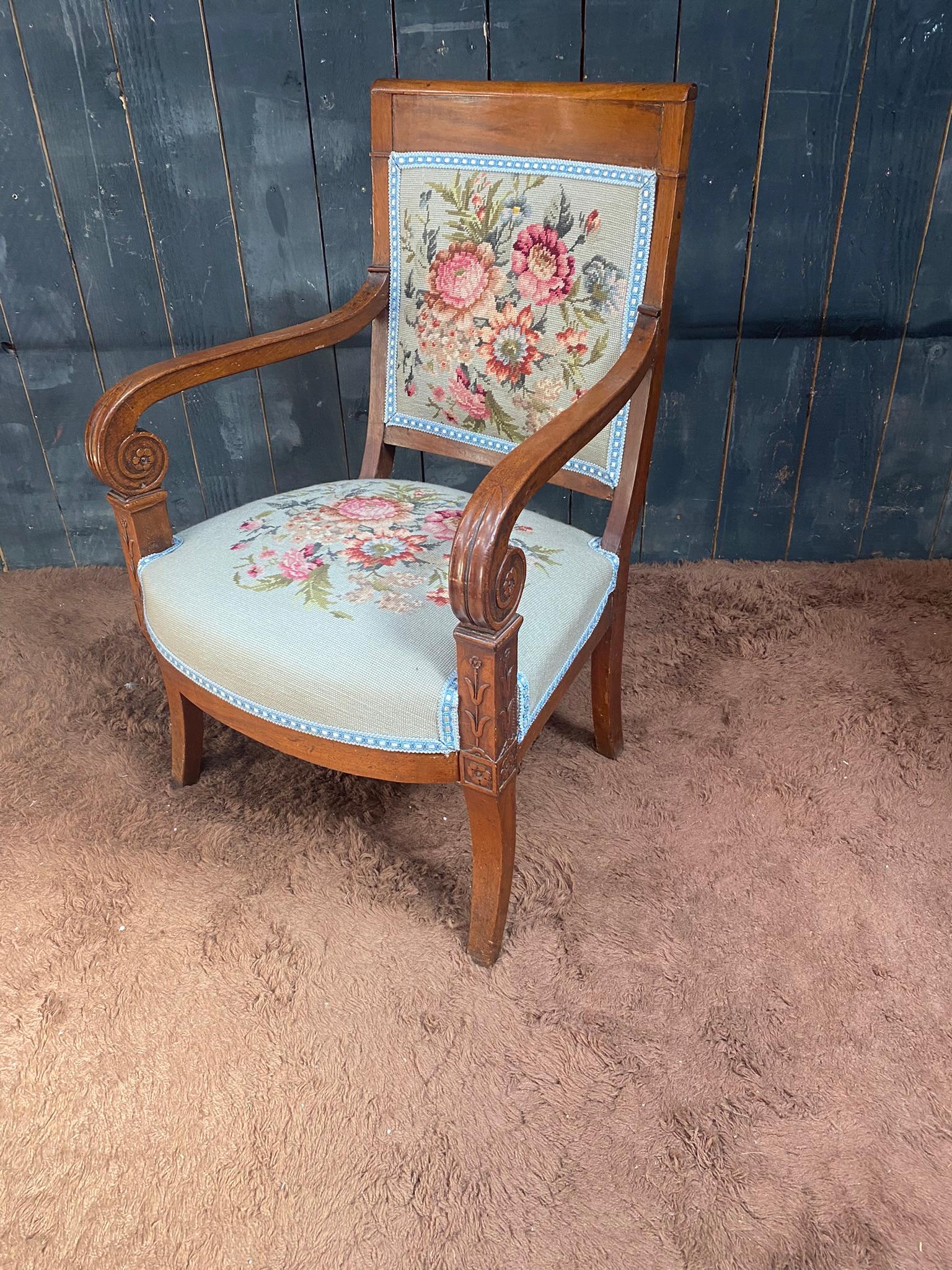 Empire Period Armchair in Walnut, Upholstery Redone For Sale 3