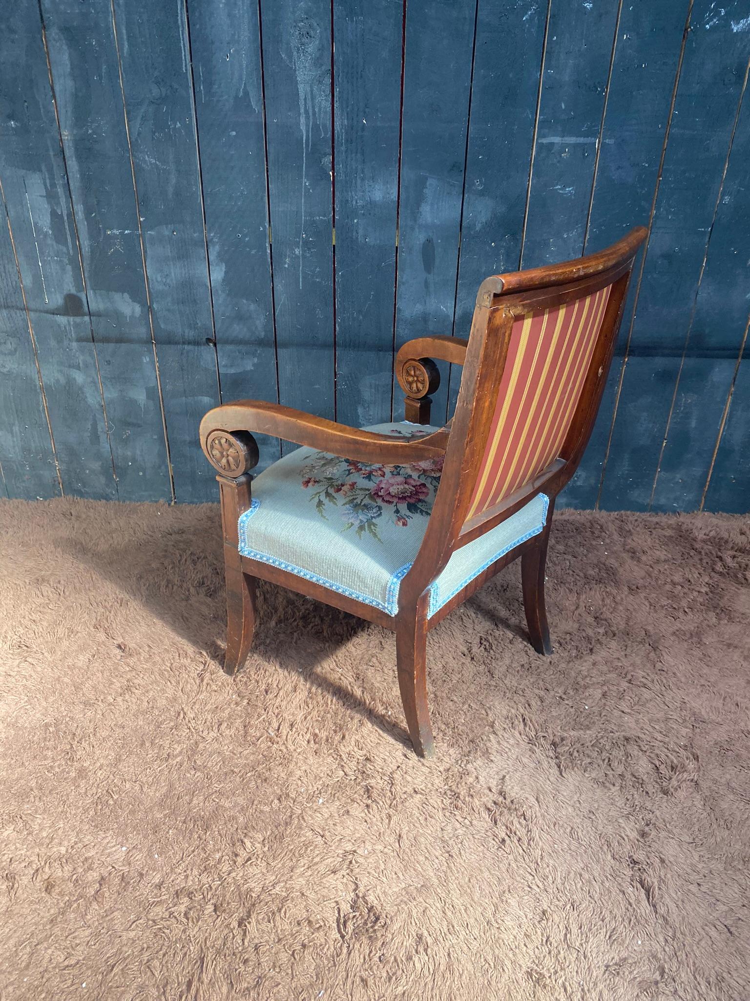 Empire period armchair in walnut, upholstery redone For Sale 3