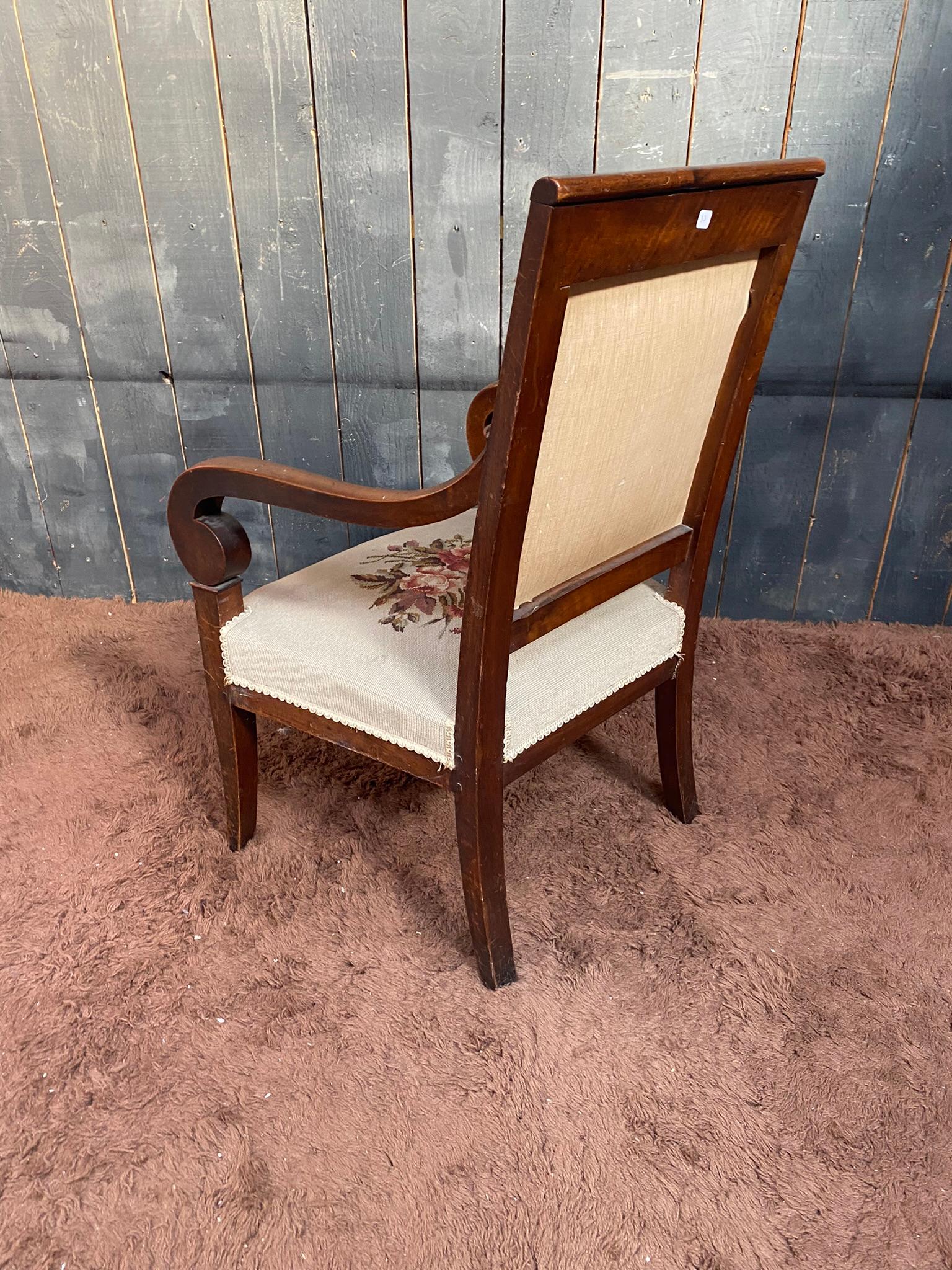 Empire period armchair in walnut, upholstery redone For Sale 4