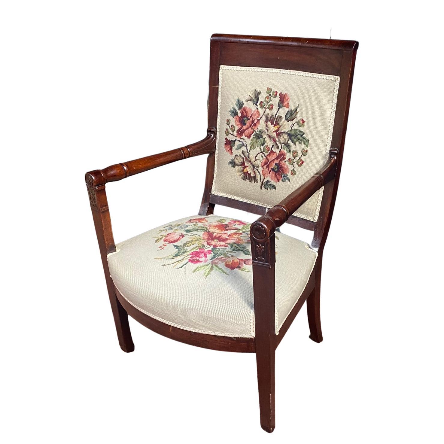 Empire Period Armchair in Walnut, Upholstery Redone For Sale