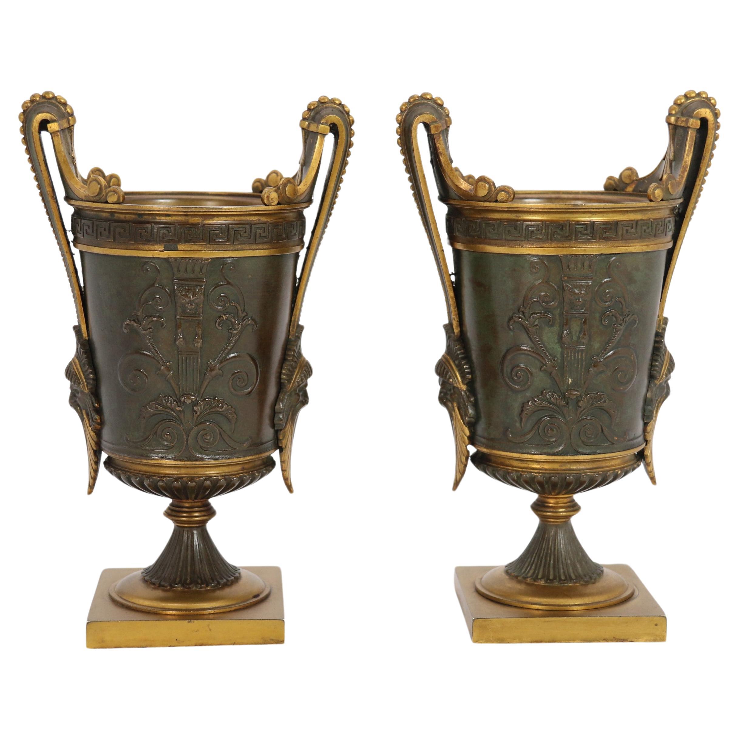 Empire period bronze and ormolu Grecian style pair of classical urns, circa 1830 For Sale