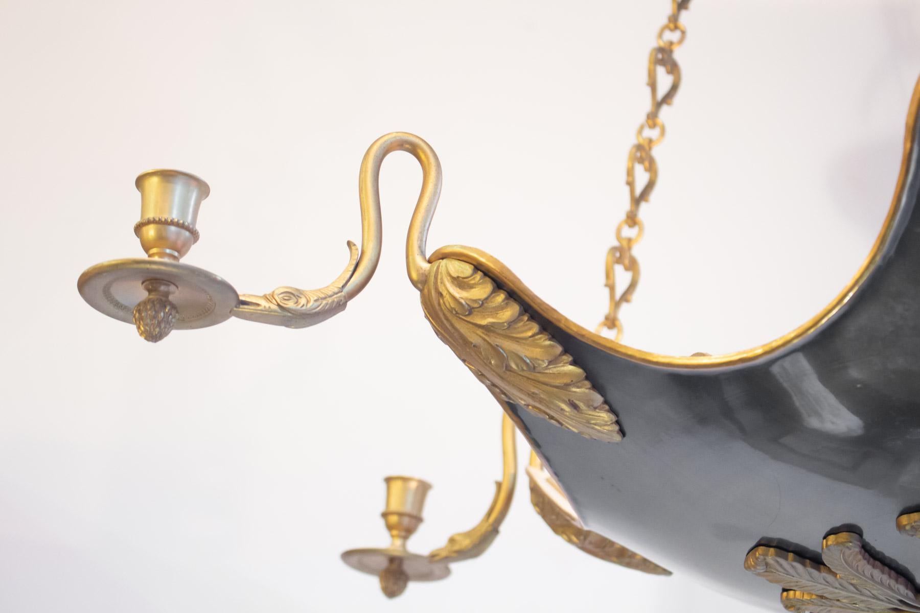Mid-19th Century Empire Period Chandelier, Swan Neck, Gilt Bronze and Patina Rifle Barrel