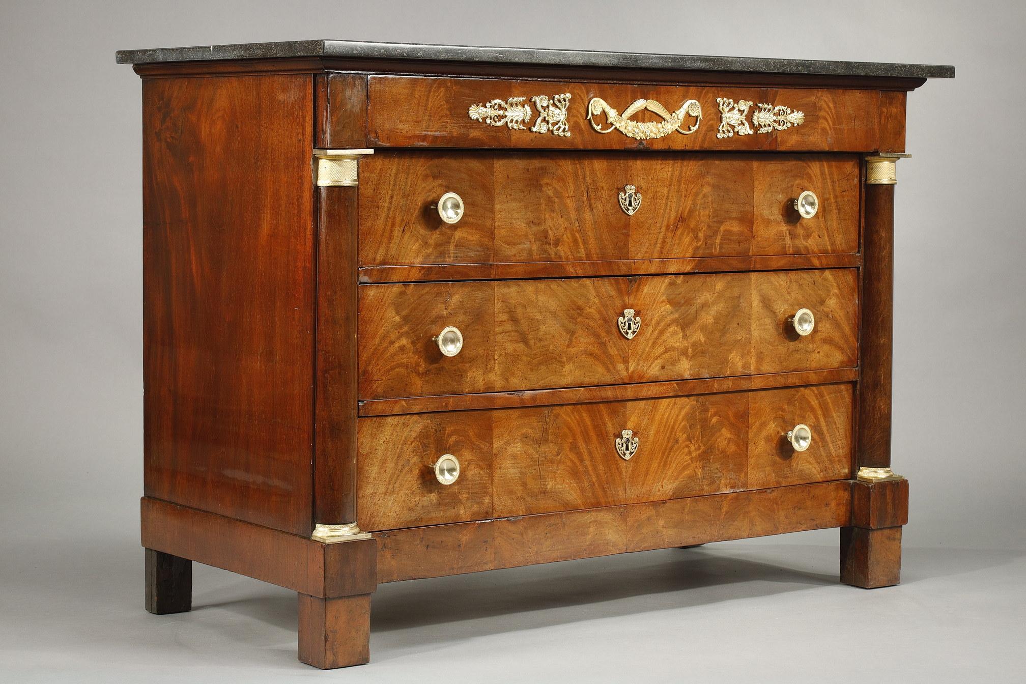 Bronze Empire Period Chest of Drawers in Flamed Mahogany Veneer