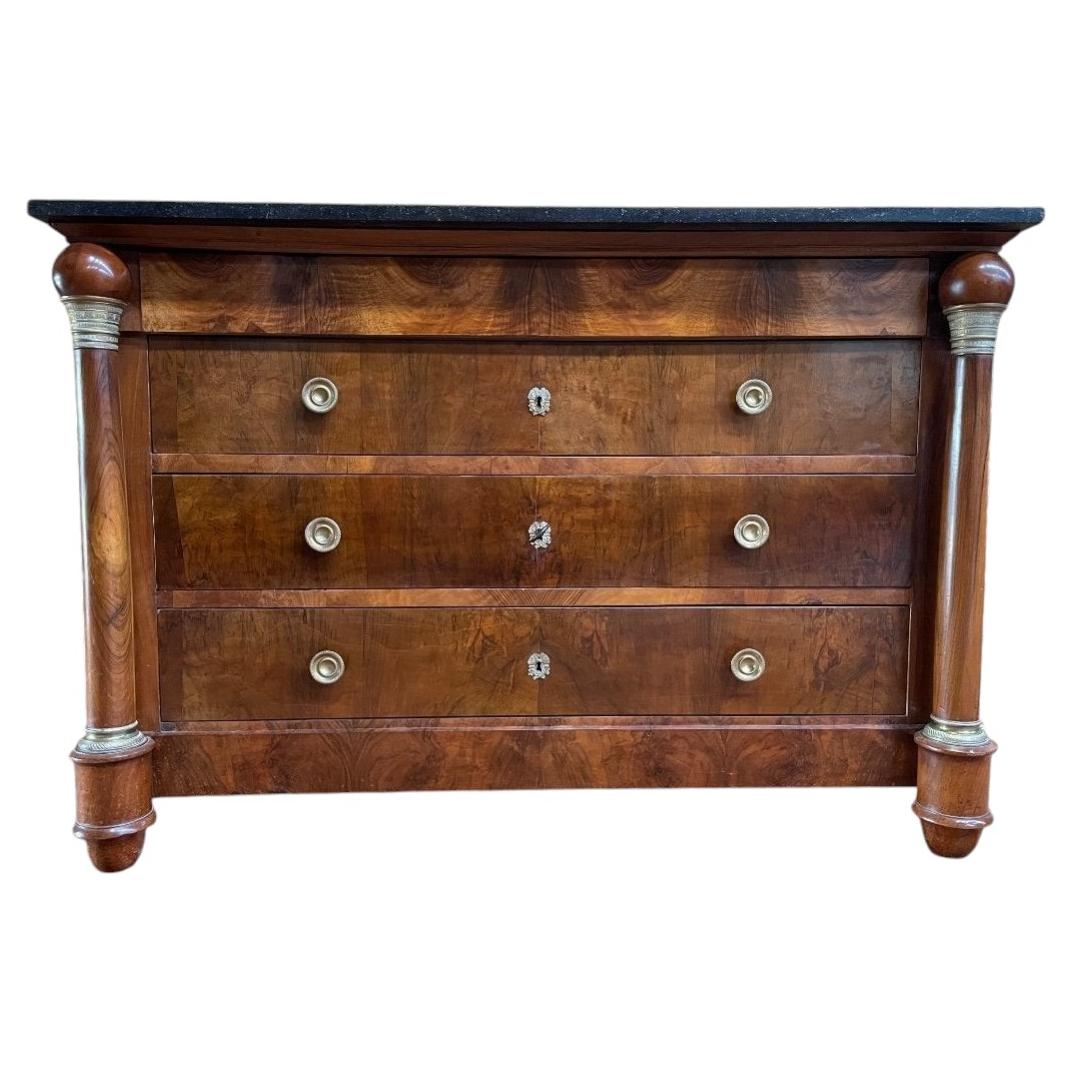 Empire Period Chest of Drawers in Walnut and Walnut Veneer, 19th Century For Sale